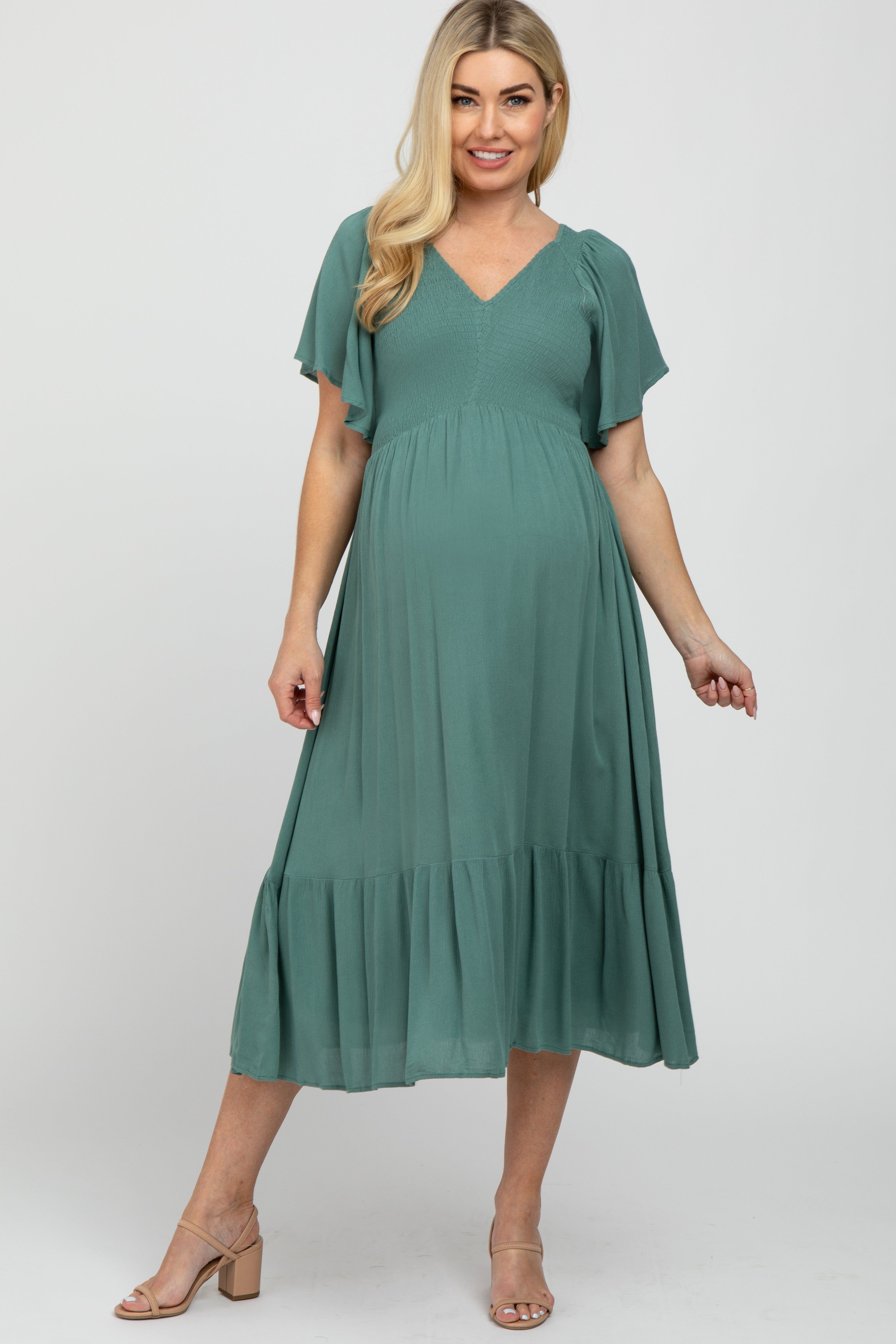 Mint Smocked Ruffle Maternity Dress sold by Pinkblush