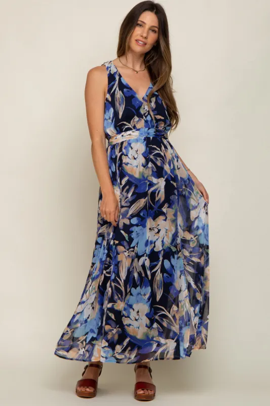 Navy Floral Pleated Waist Maternity Maxi Dress sold by Pinkblush