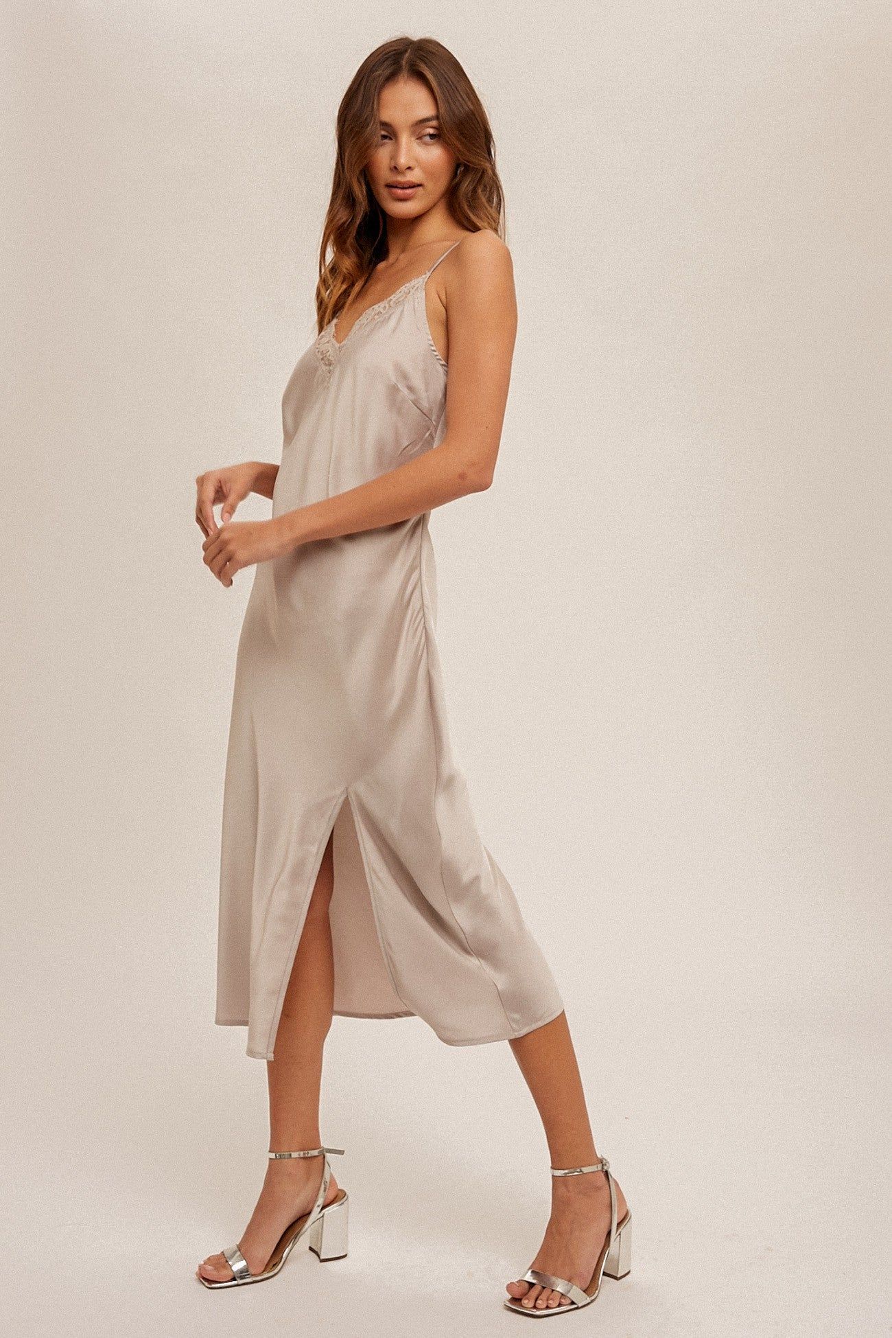 Champagne Lace Trim V Neck Satin Midi Slip Dress sold by Pinkblush product image thumbnail 2