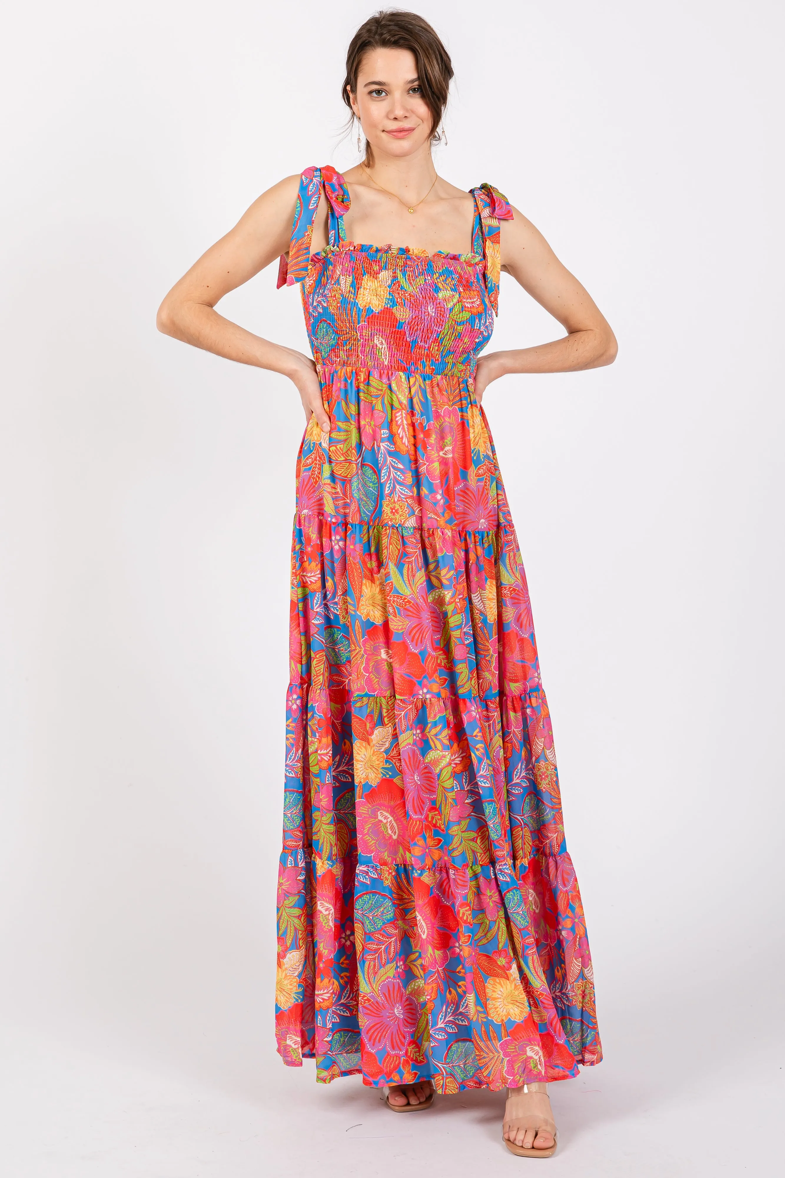 Magenta Floral Shoulder Tier Smocked Maternity Maxi Dress sold by Pinkblush product image thumbnail 5
