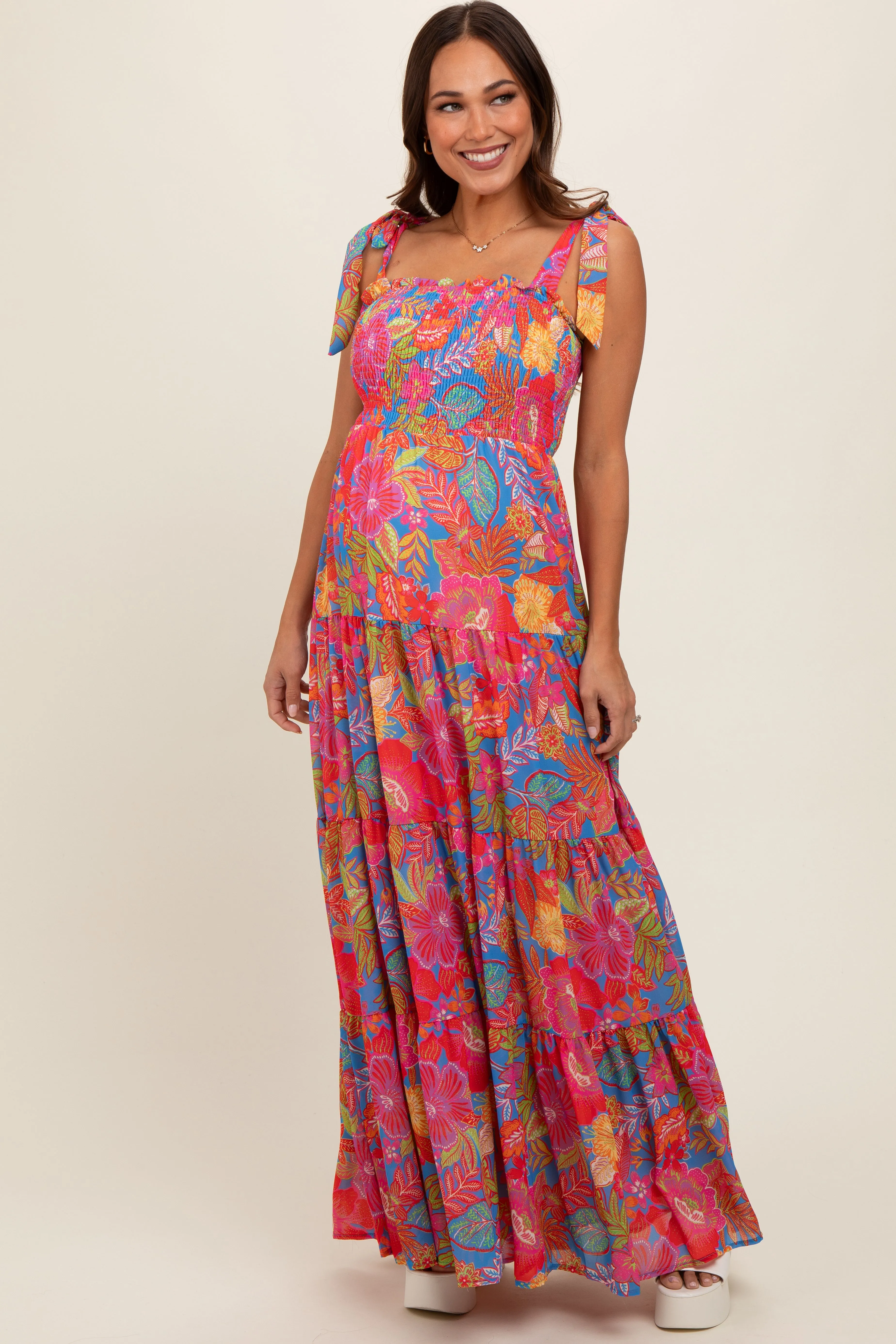 Magenta Floral Shoulder Tier Smocked Maternity Maxi Dress sold by Pinkblush product image thumbnail 2