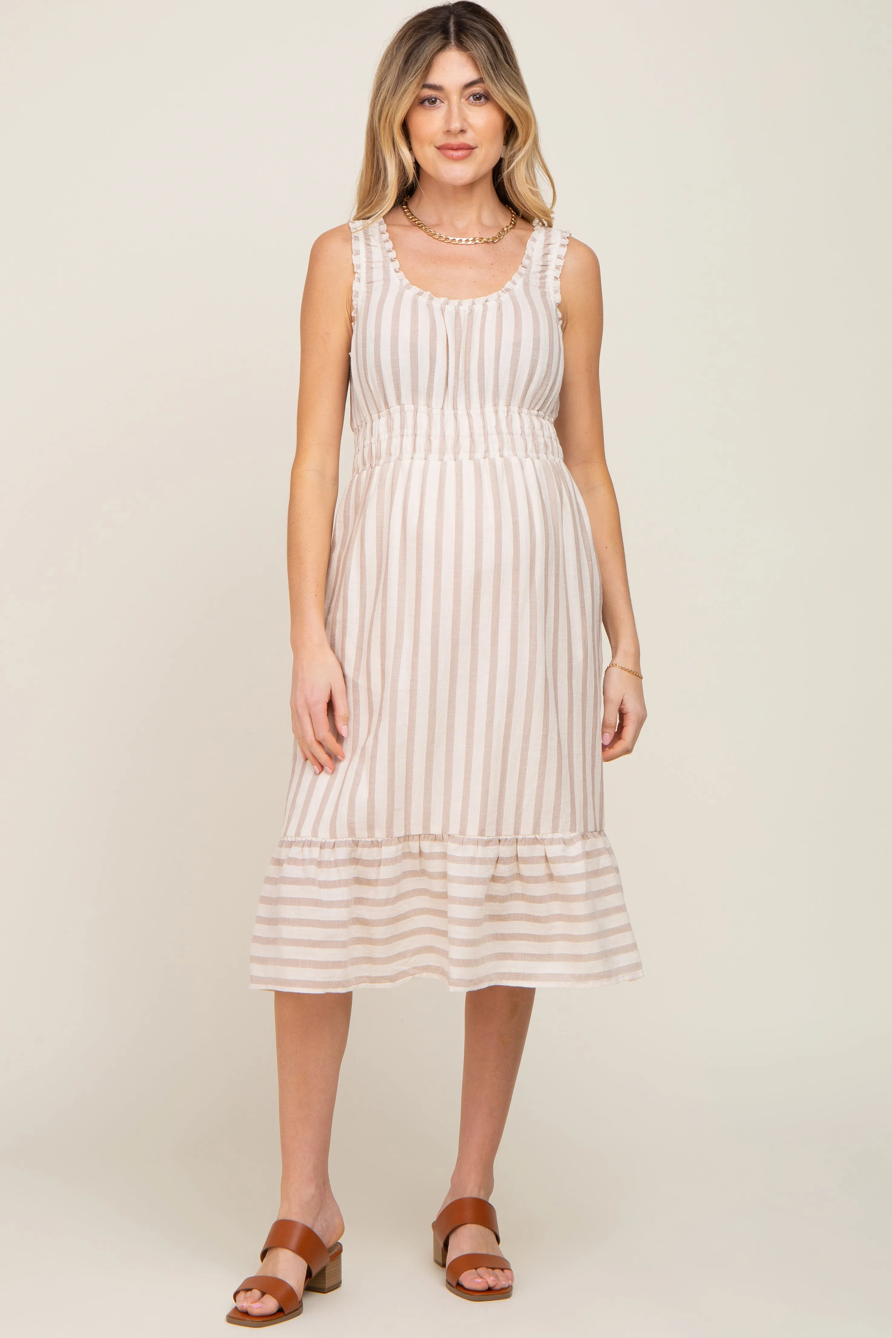 Taupe Striped Sleeveless Ruffle Hem Maternity Midi Dress sold by Pinkblush product image thumbnail 4