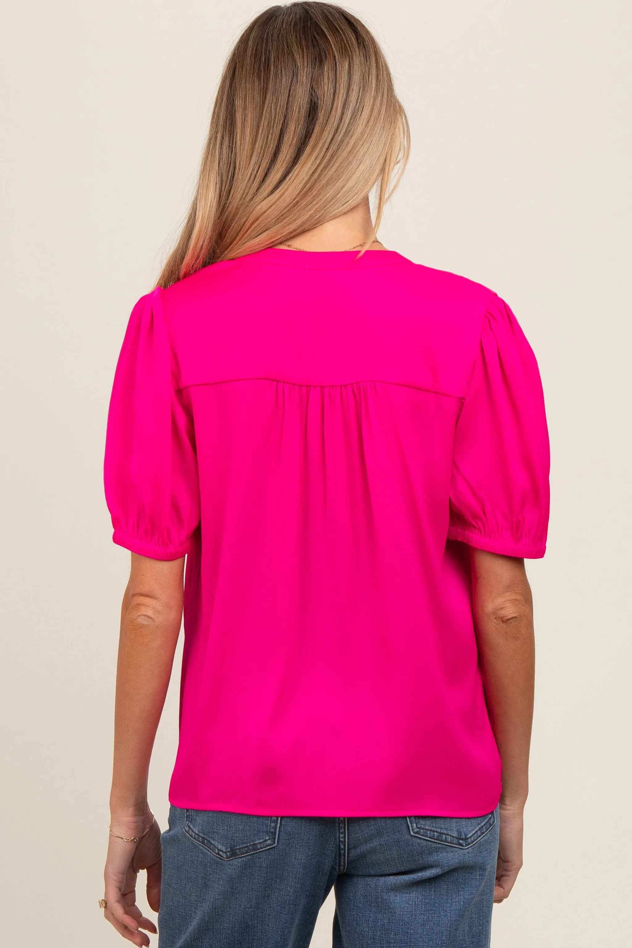 Fuchsia V-Neck Puff Sleeve Maternity Blouse sold by Pinkblush product image thumbnail 3