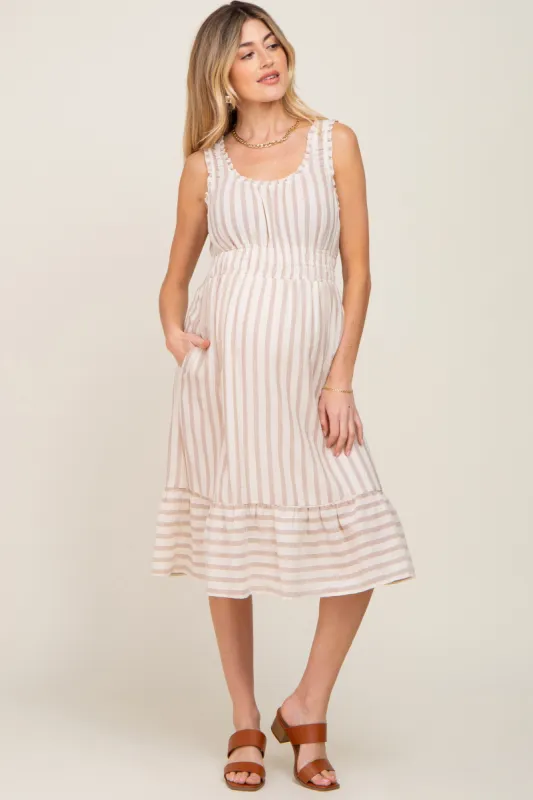 Taupe Striped Sleeveless Ruffle Hem Maternity Midi Dress sold by Pinkblush