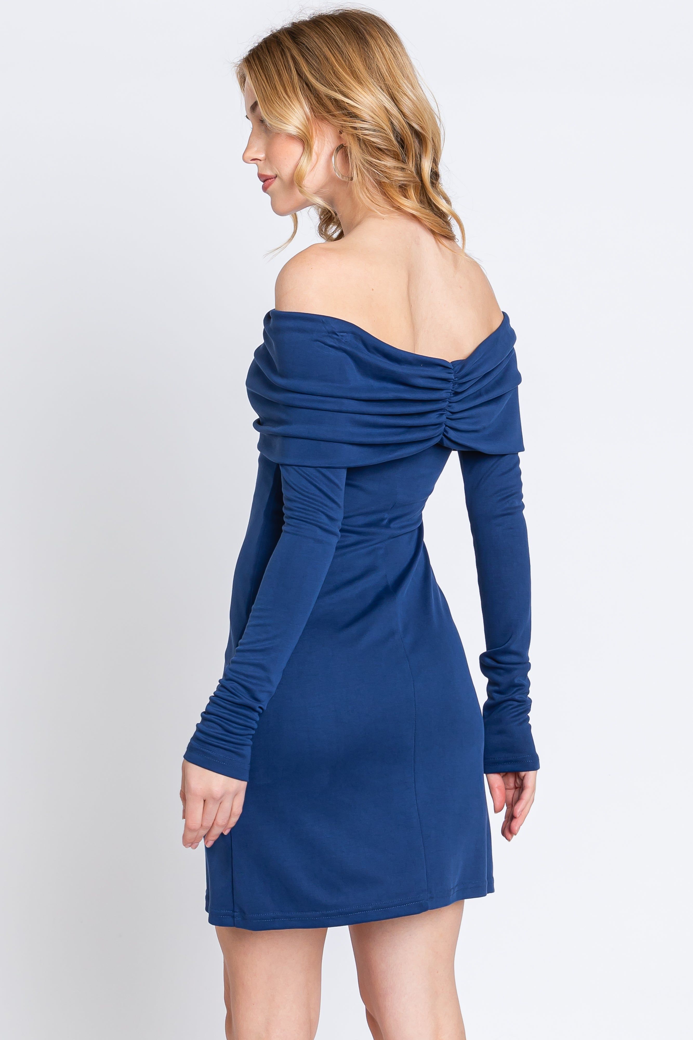 Navy Blue Foldover Off Shoulder Long Sleeve Dress sold by Pinkblush product image thumbnail 3