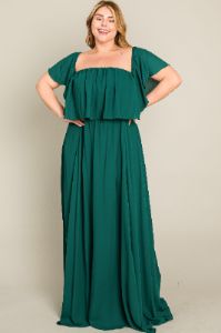 Forest Green Chiffon Off Shoulder Plus Gown sold by Pinkblush