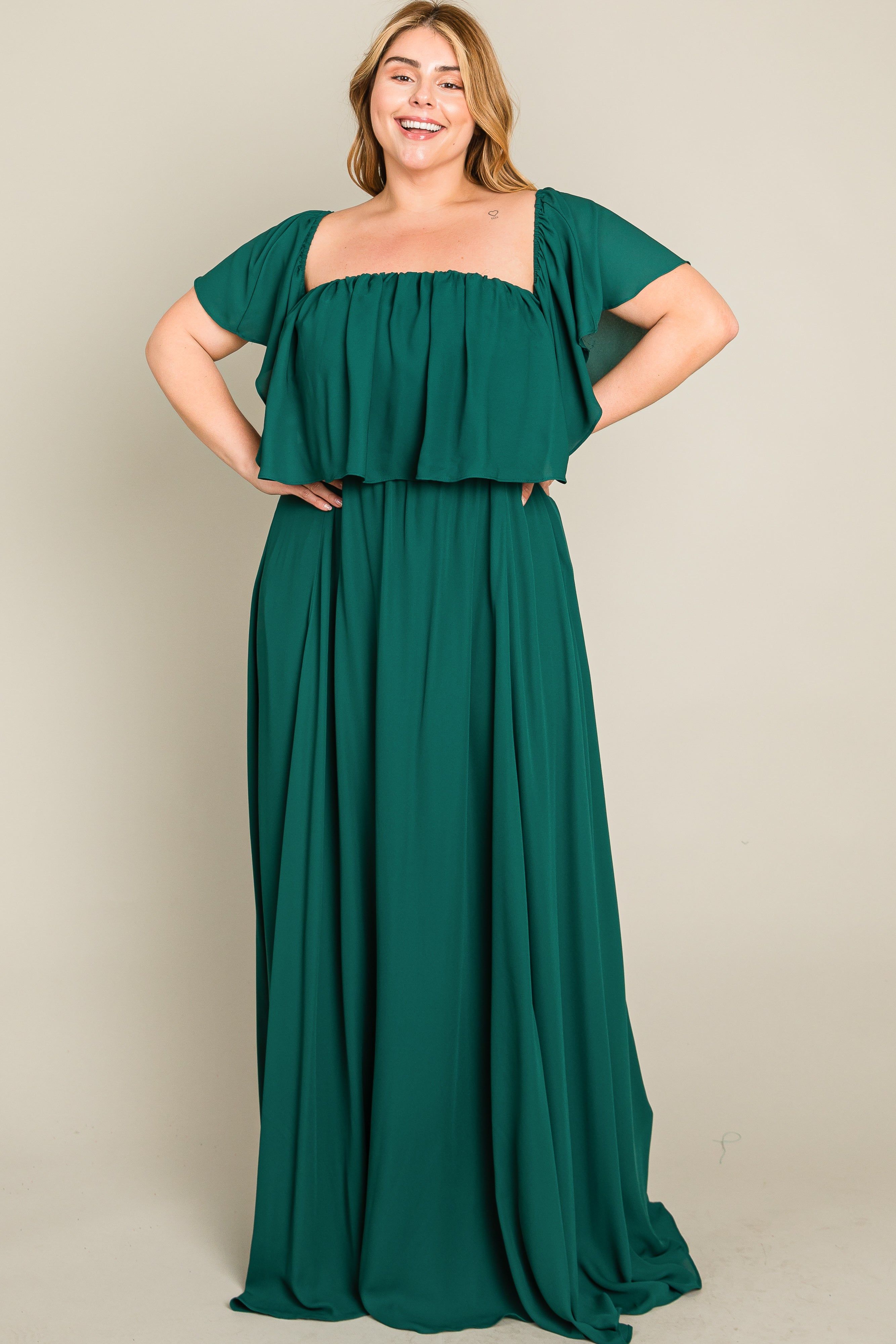 Forest Green Chiffon Off Shoulder Plus Gown sold by Pinkblush product image thumbnail 3