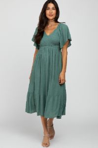 Mint Smocked Ruffle Maternity Dress sold by Pinkblush