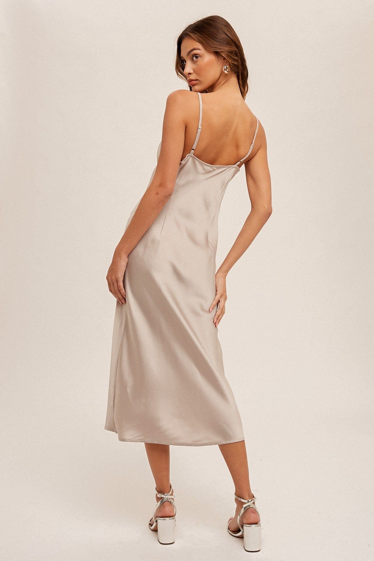 Champagne Lace Trim V Neck Satin Midi Slip Dress sold by Pinkblush product image thumbnail 3