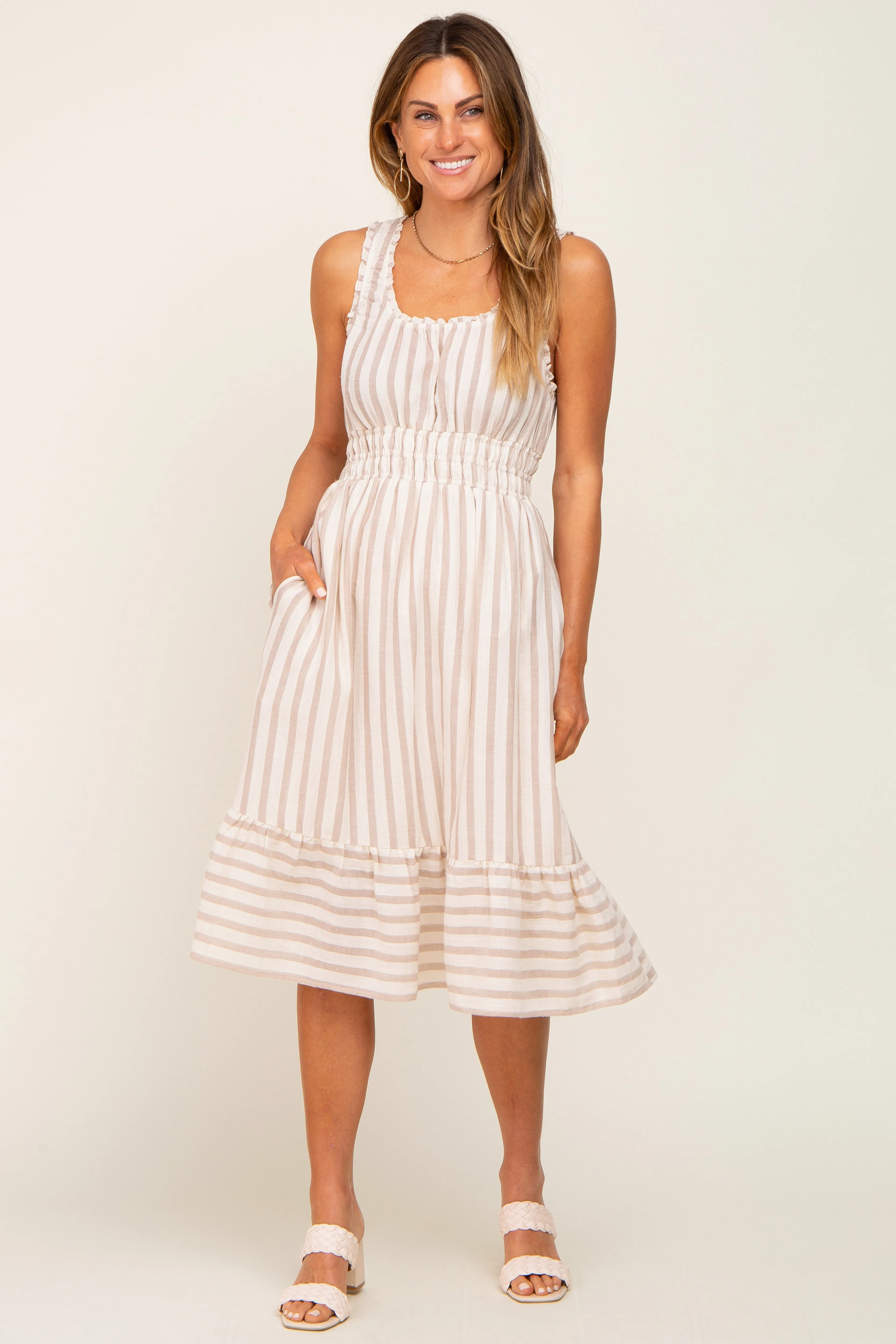 Taupe Striped Sleeveless Ruffle Hem Maternity Midi Dress sold by Pinkblush product image thumbnail 5