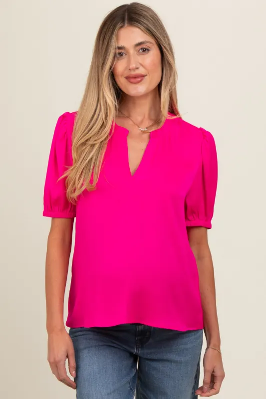 Fuchsia V-Neck Puff Sleeve Maternity Blouse sold by Pinkblush
