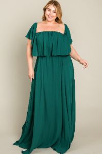 Forest Green Chiffon Off Shoulder Plus Gown sold by Pinkblush