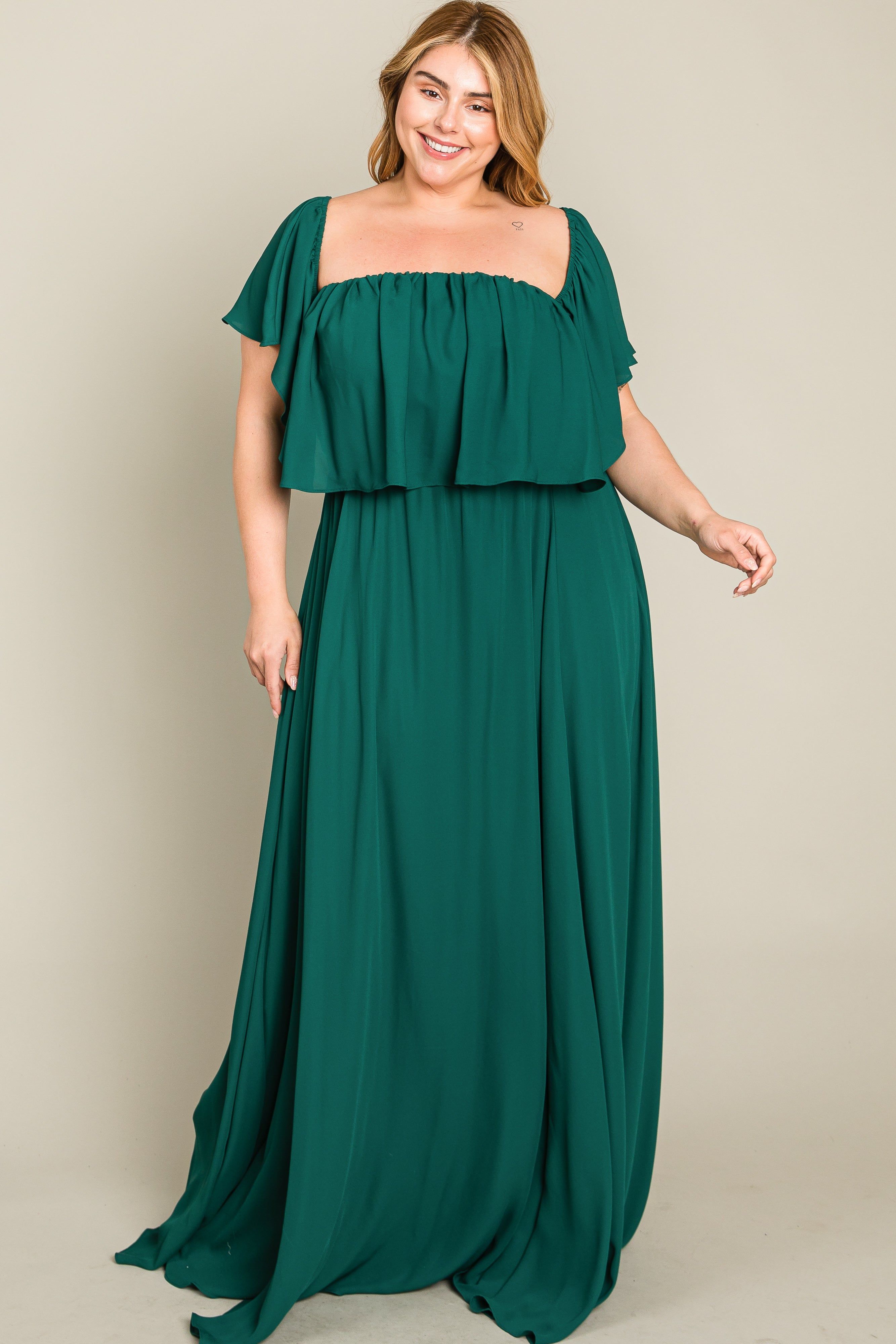 Forest Green Chiffon Off Shoulder Plus Gown sold by Pinkblush product image thumbnail 4