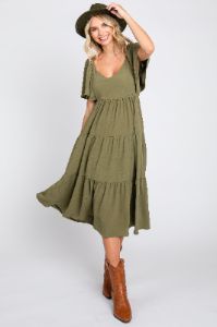 Olive Tiered Criss Cross Back Midi Dress sold by Pinkblush
