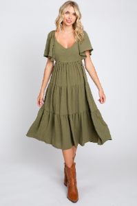 Olive Tiered Criss Cross Back Midi Dress sold by Pinkblush