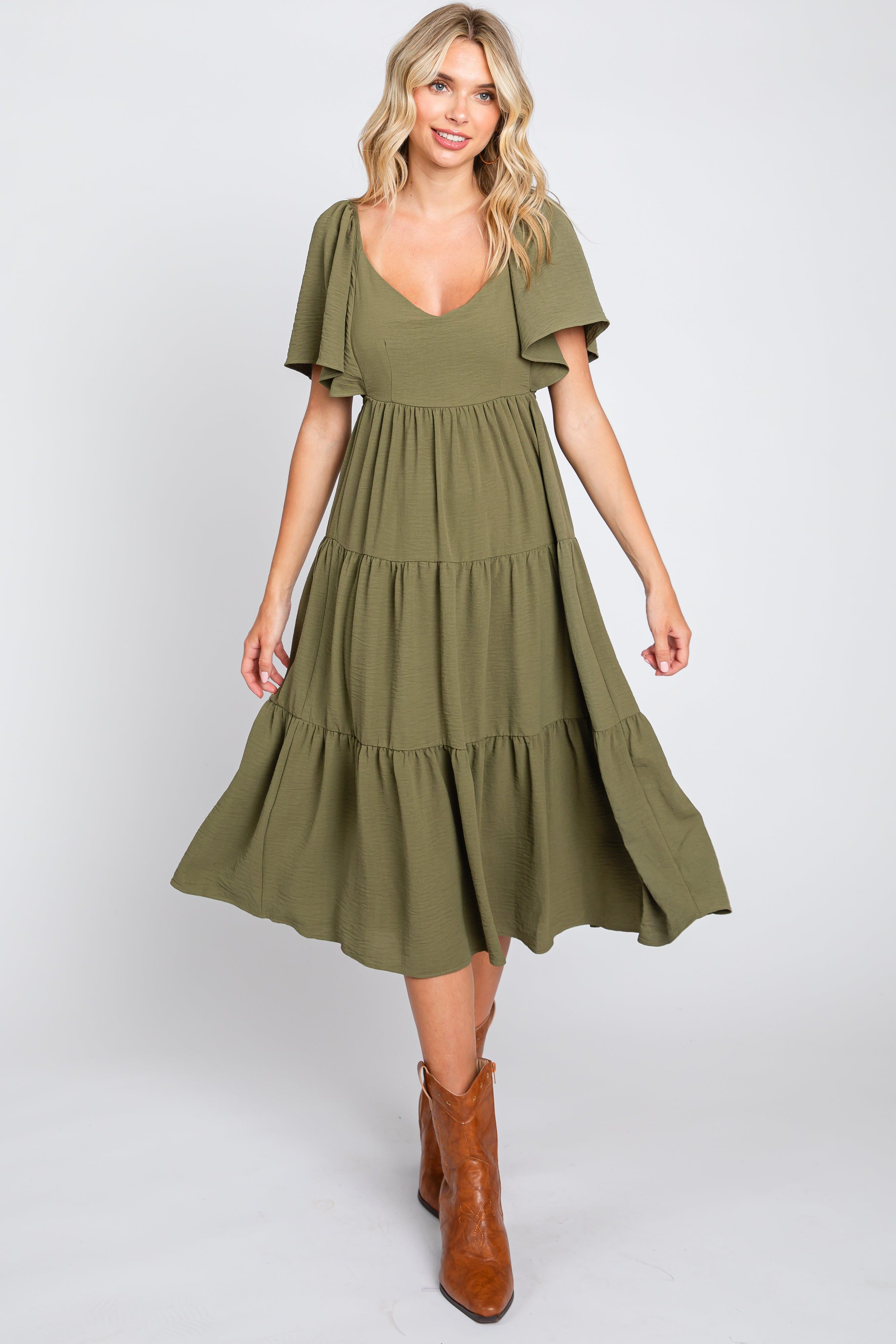 Olive Tiered Criss Cross Back Midi Dress sold by Pinkblush