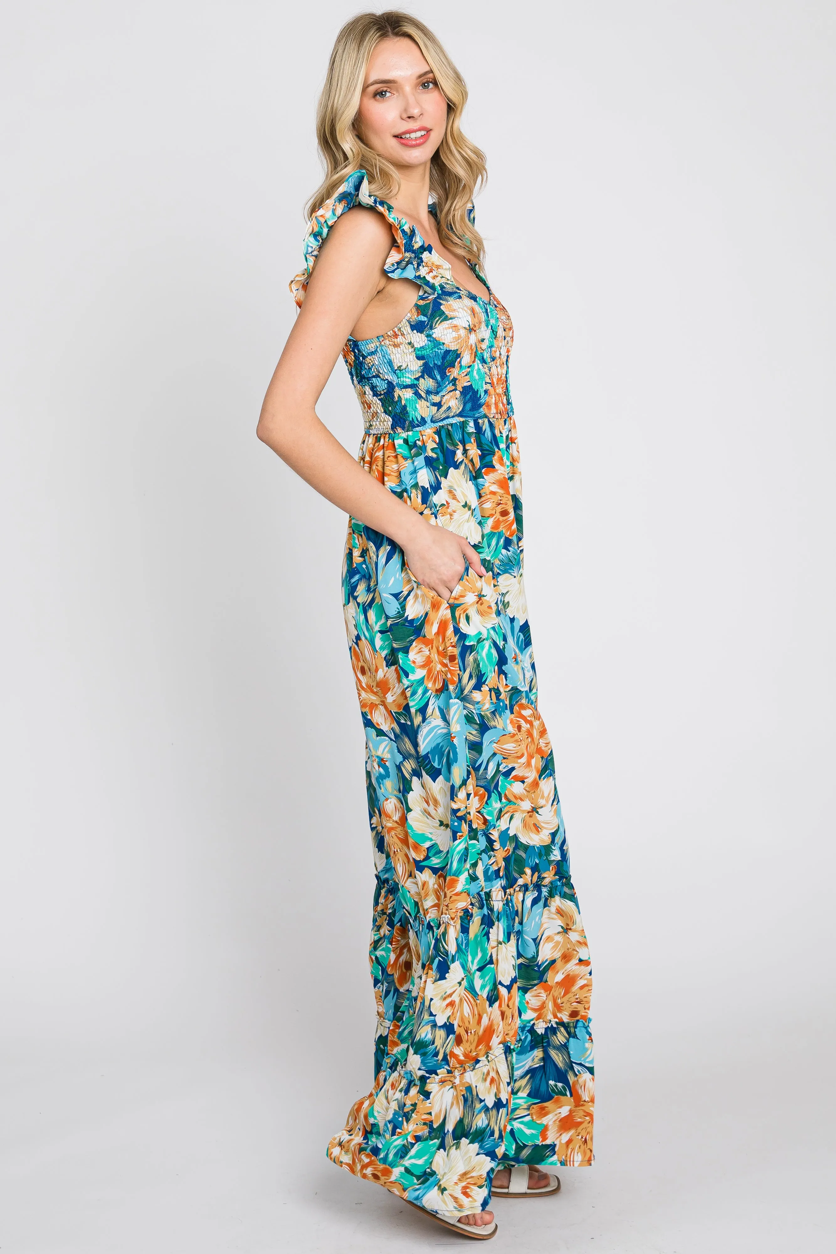 Navy Floral Smocked Ruffle Accent Jumpsuit sold by Pinkblush product image thumbnail 3