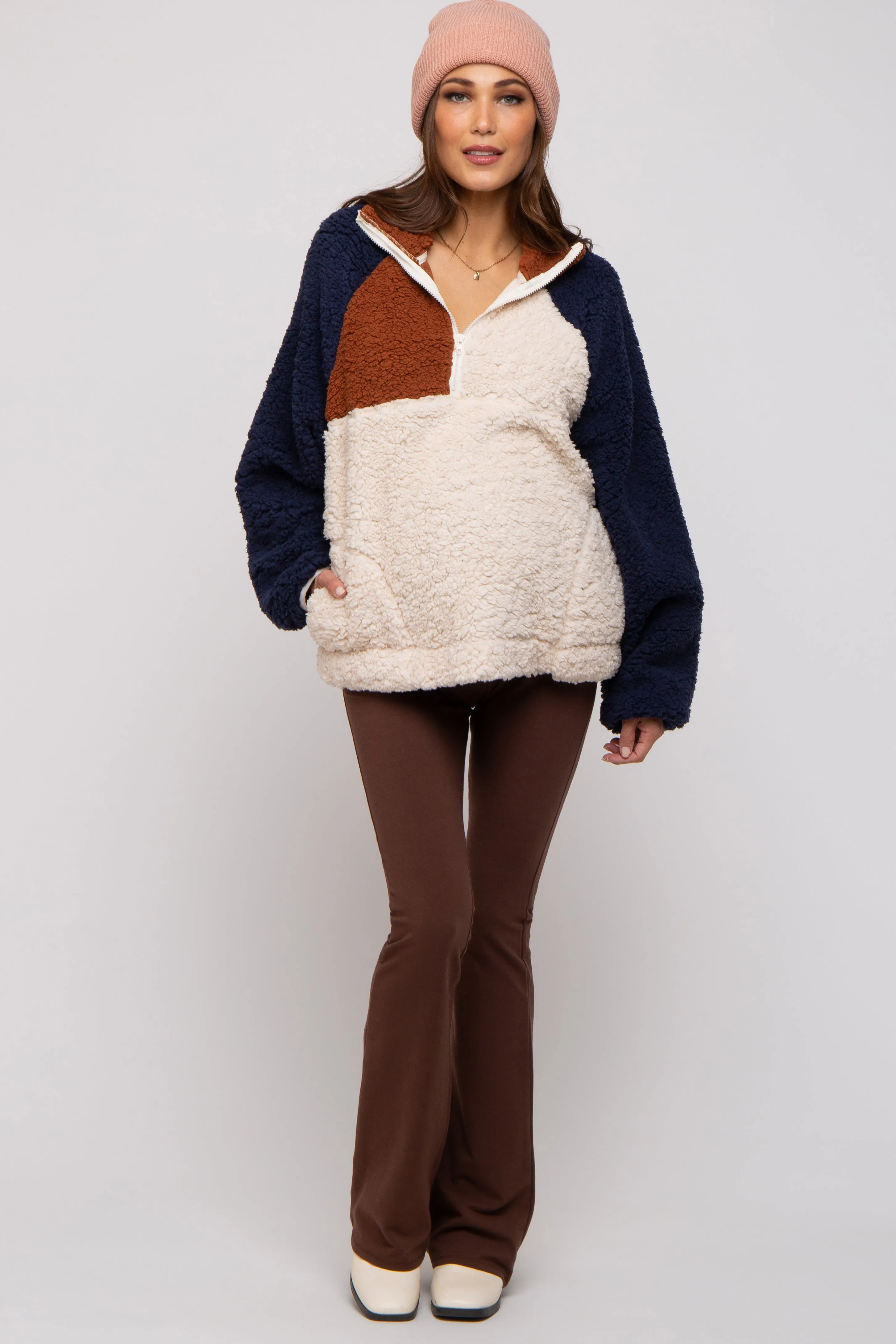 Ivory Colorblock Oversized Fleece Maternity Pullover Top sold by Pinkblush