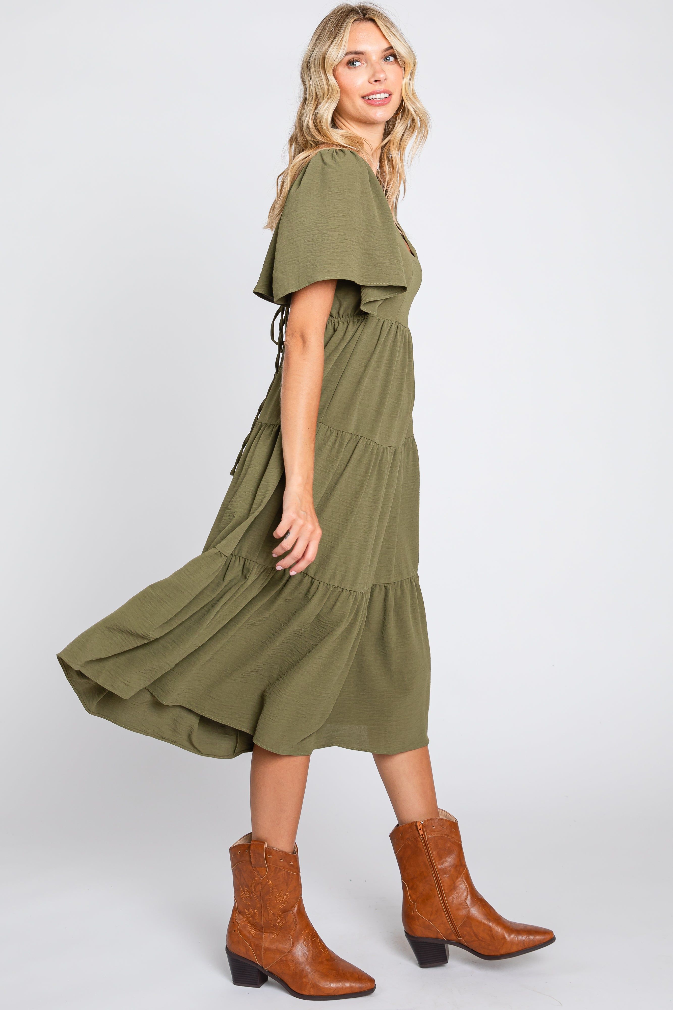 Olive Tiered Criss Cross Back Midi Dress sold by Pinkblush product image thumbnail 2