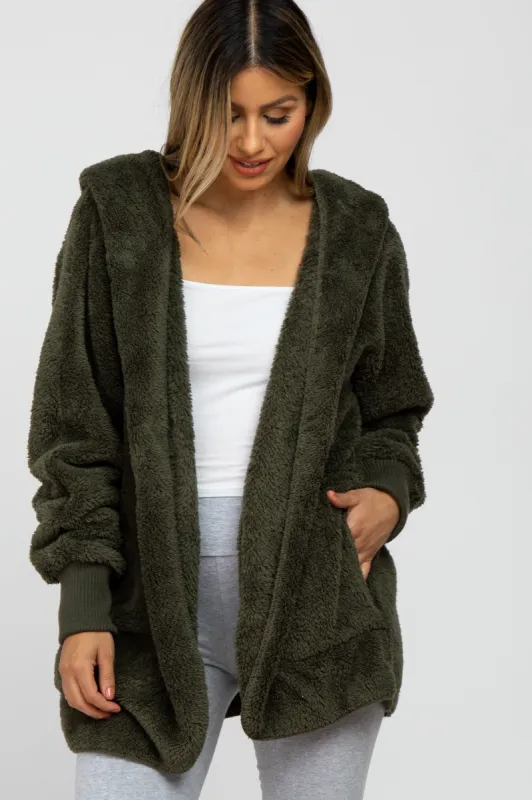 Olive Fuzzy Hooded Long Sleeve Maternity Jacket sold by Pinkblush