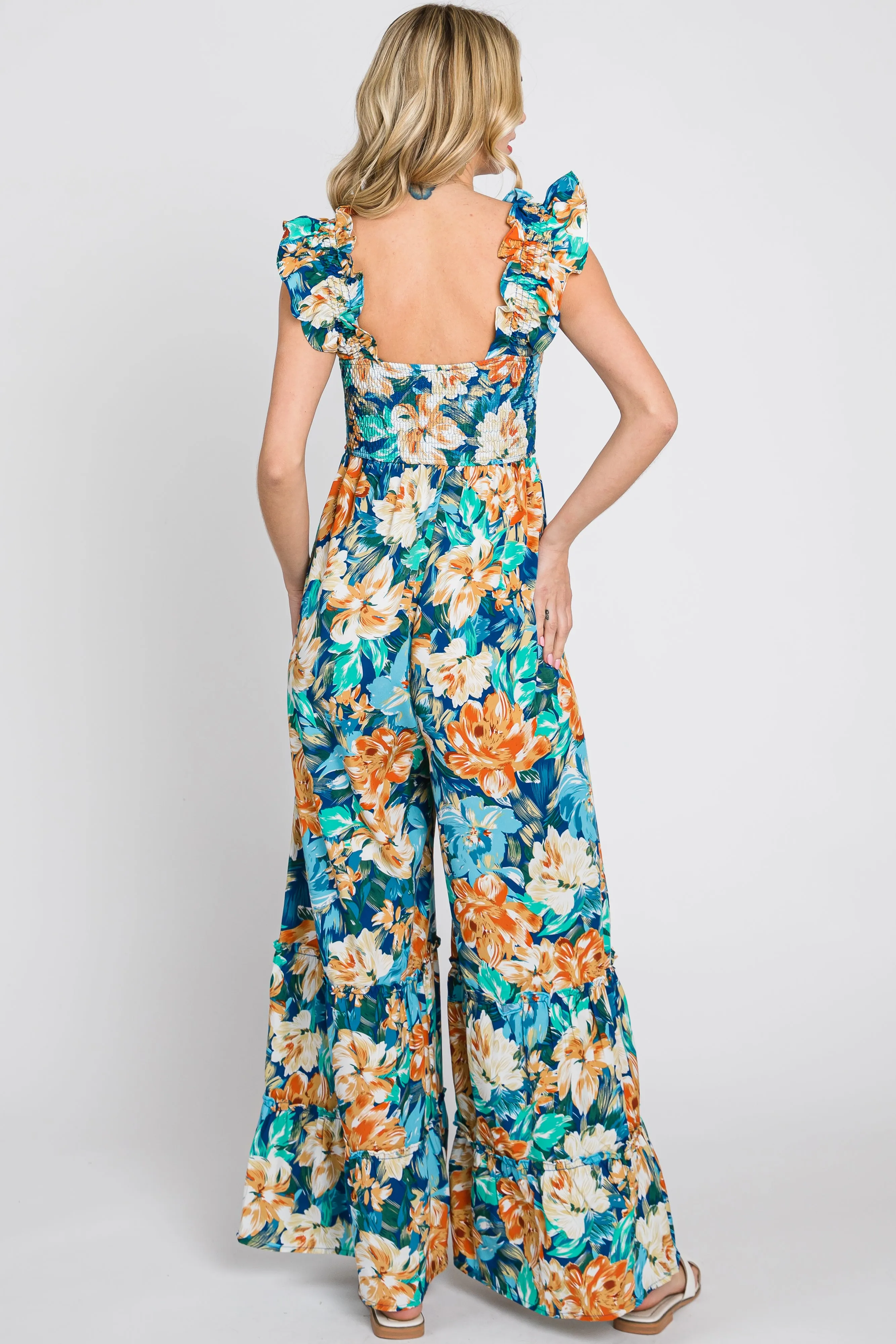 Navy Floral Smocked Ruffle Accent Jumpsuit sold by Pinkblush product image thumbnail 4