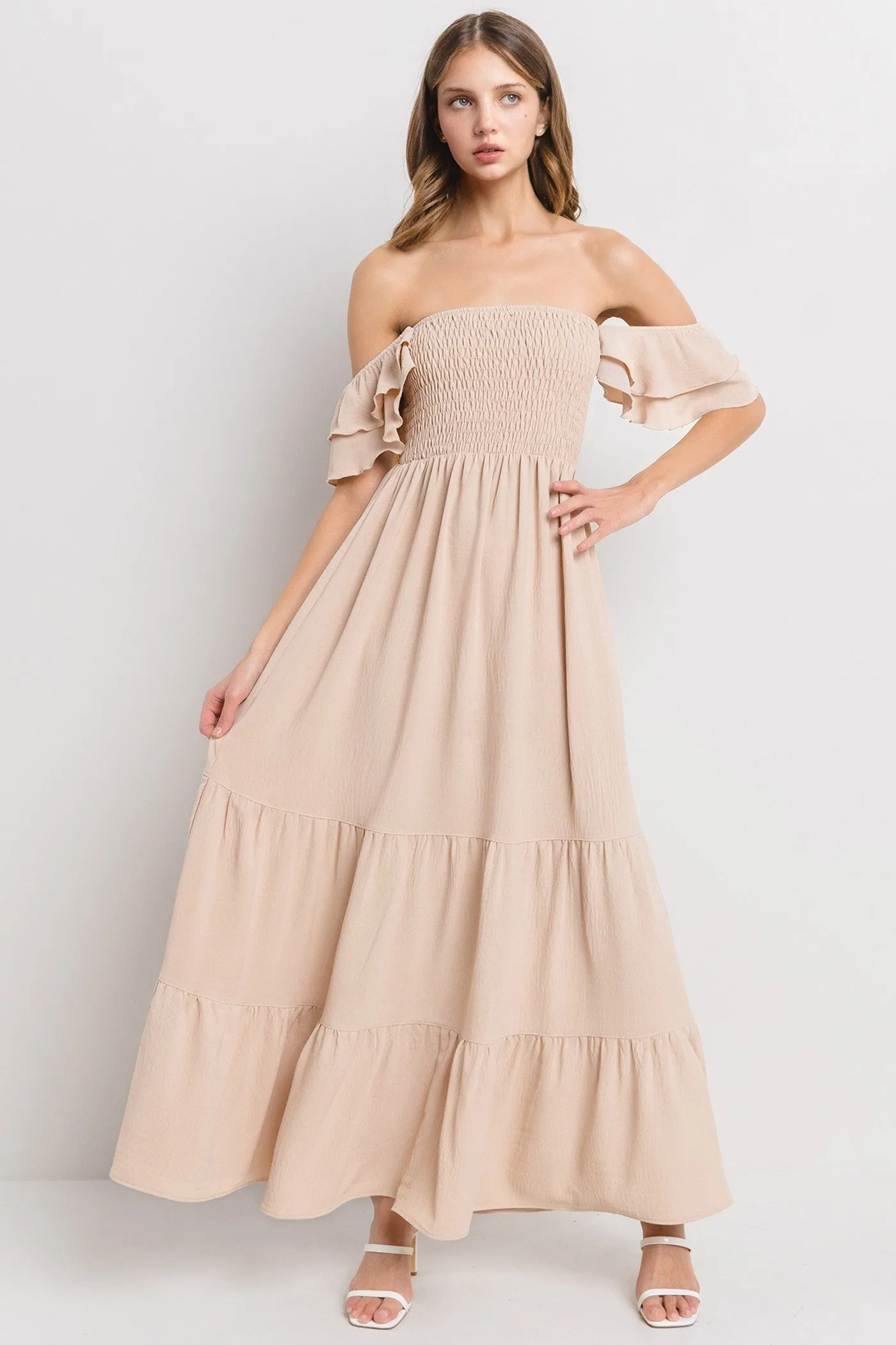 Taupe Smocked Ruffle Off Shoulder Tiered Maxi Dress sold by Pinkblush