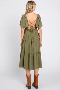 Olive Tiered Criss Cross Back Midi Dress sold by Pinkblush