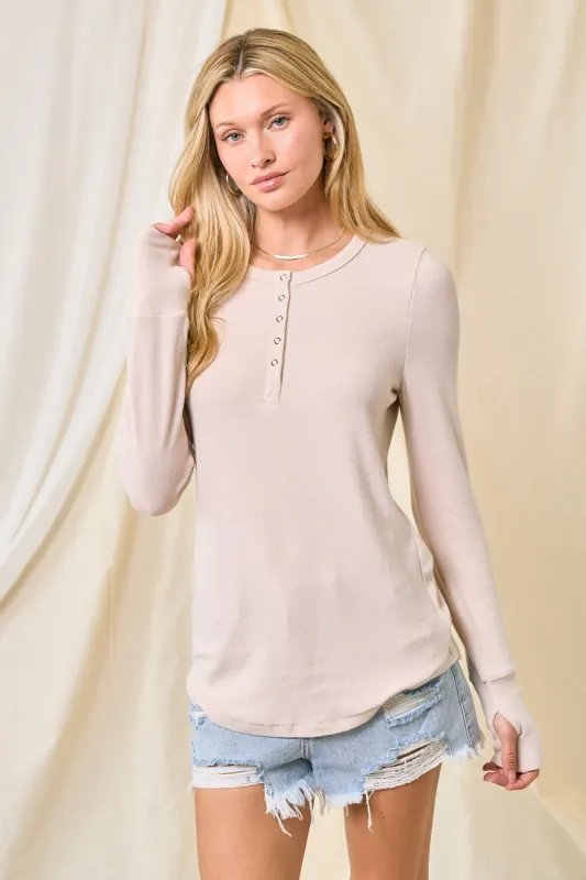 Cream Button Front Soft Knit Long Sleeve Henley Top sold by Pinkblush