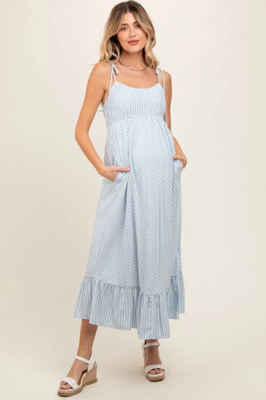 Blue Striped Tie Strap Maternity Maxi Dress sold by Pinkblush