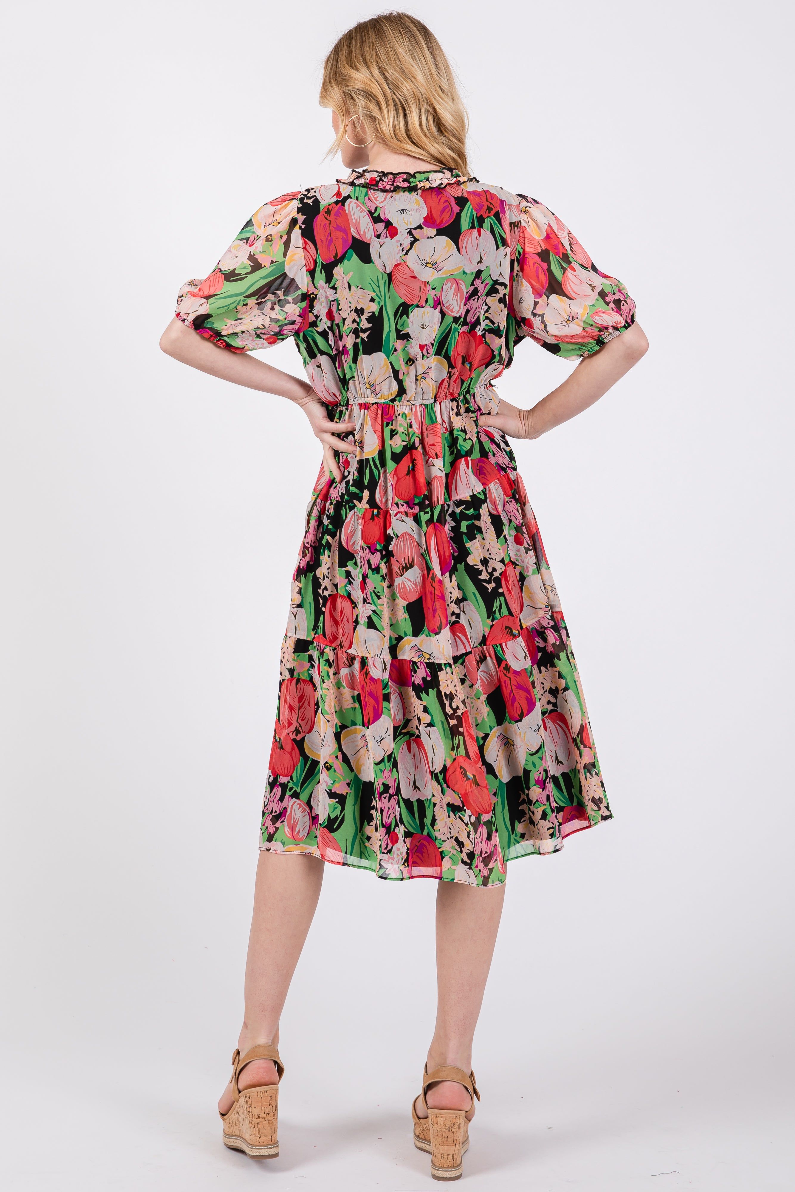 Black Floral Ruffle Tiered Maternity Midi Dress sold by Pinkblush product image thumbnail 3