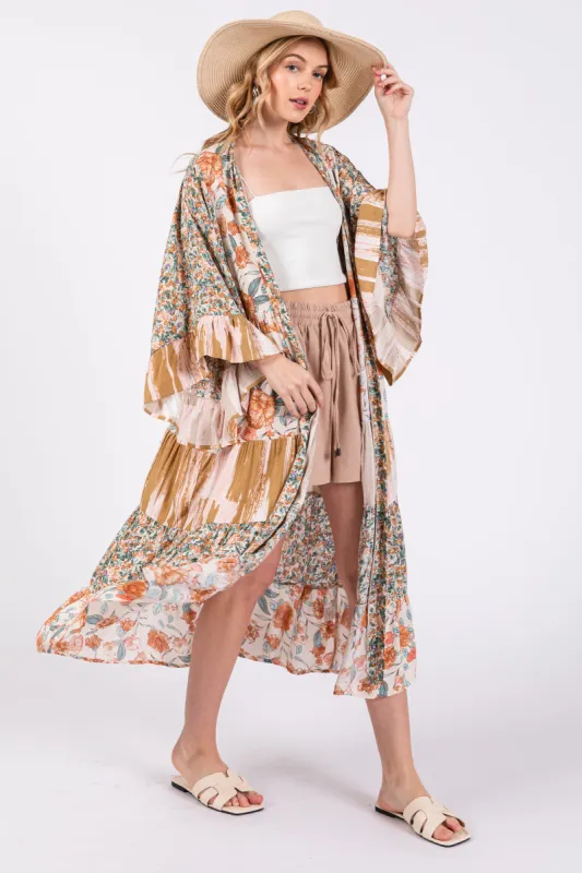 Cream Floral Tiered Ruffle Sleeve Cover Up sold by Pinkblush