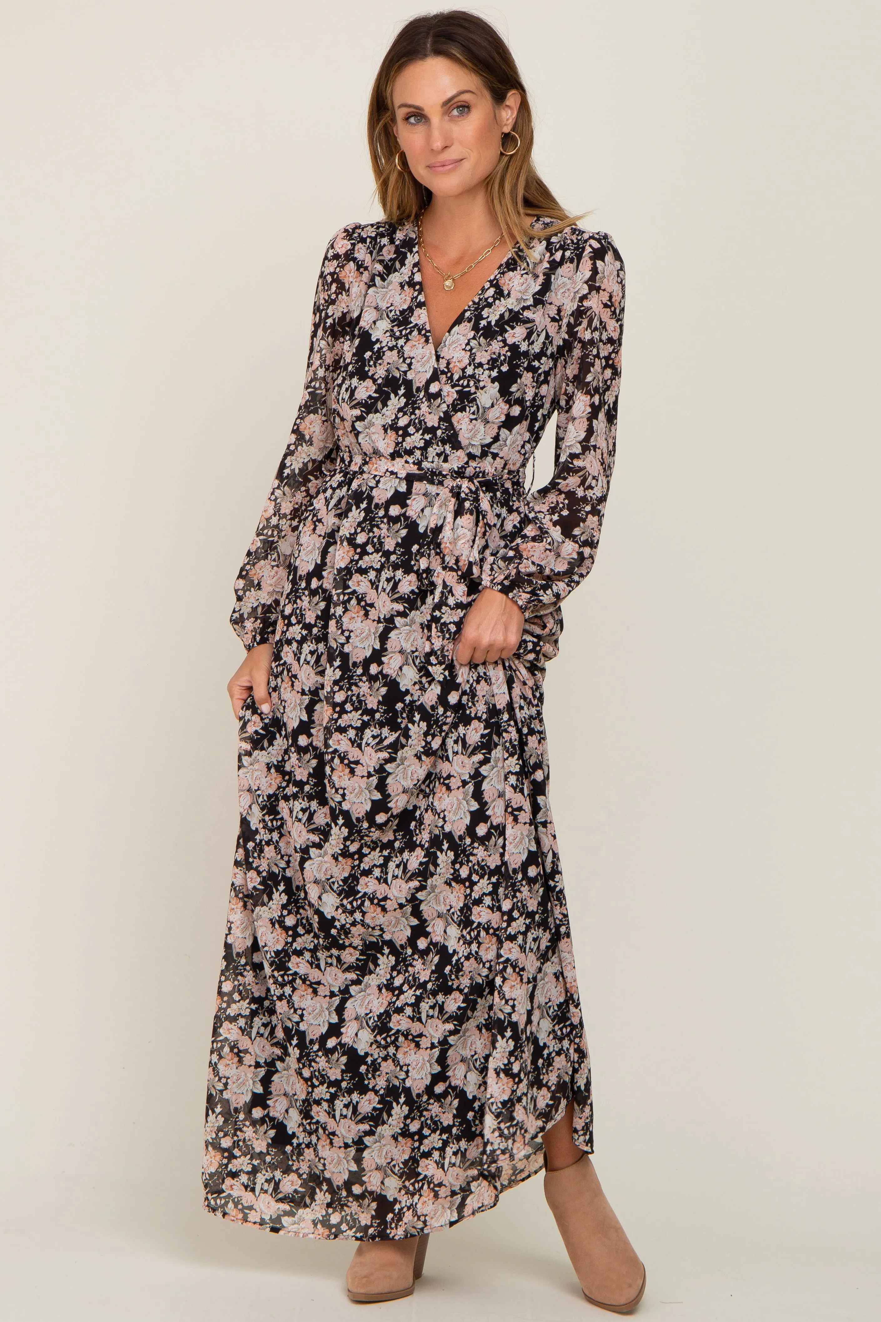 Black Floral Chiffon Maxi Dress sold by Pinkblush
