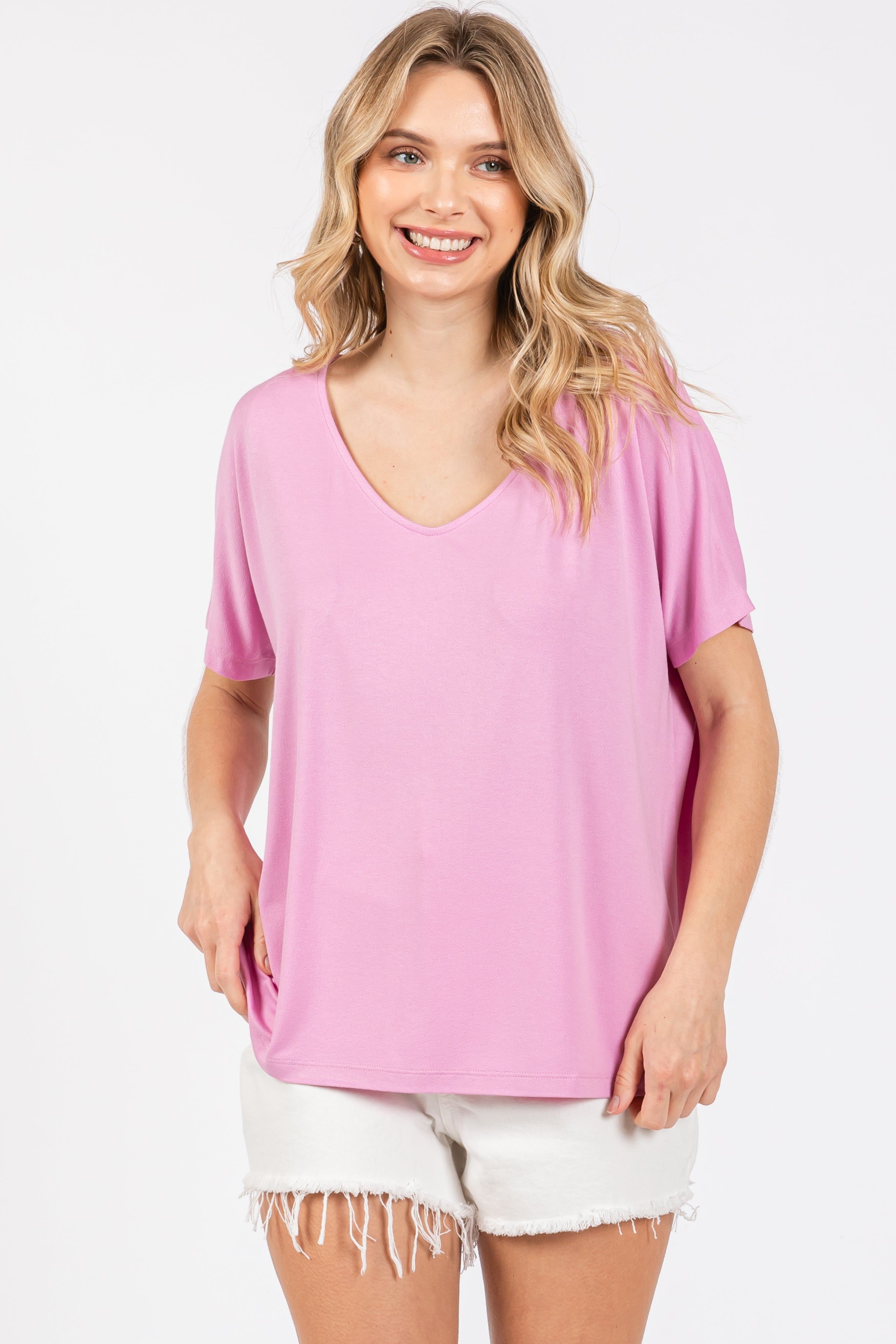 Pink Short Dolman Sleeve V-Neck Top sold by Pinkblush