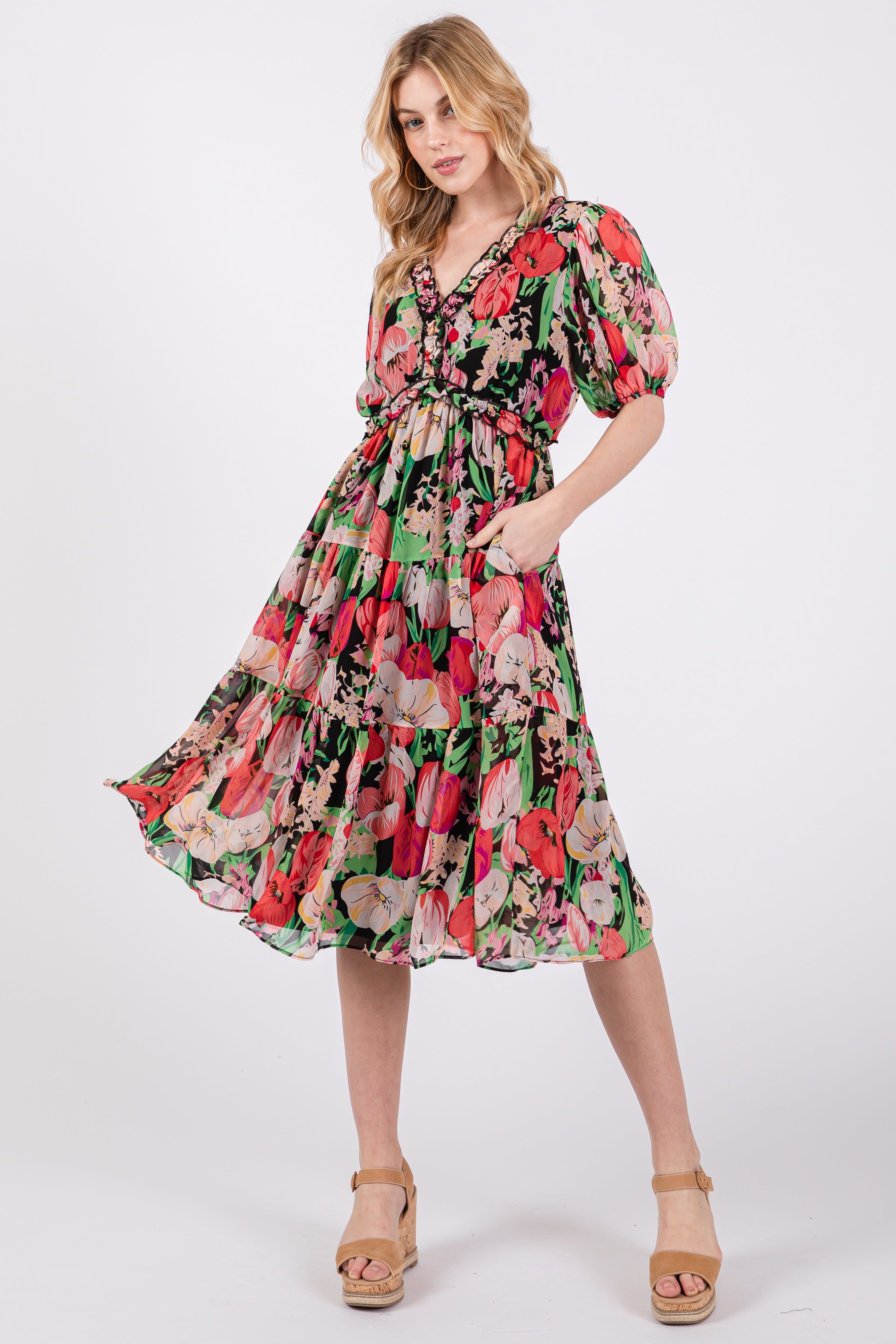 Black Floral Ruffle Tiered Maternity Midi Dress sold by Pinkblush