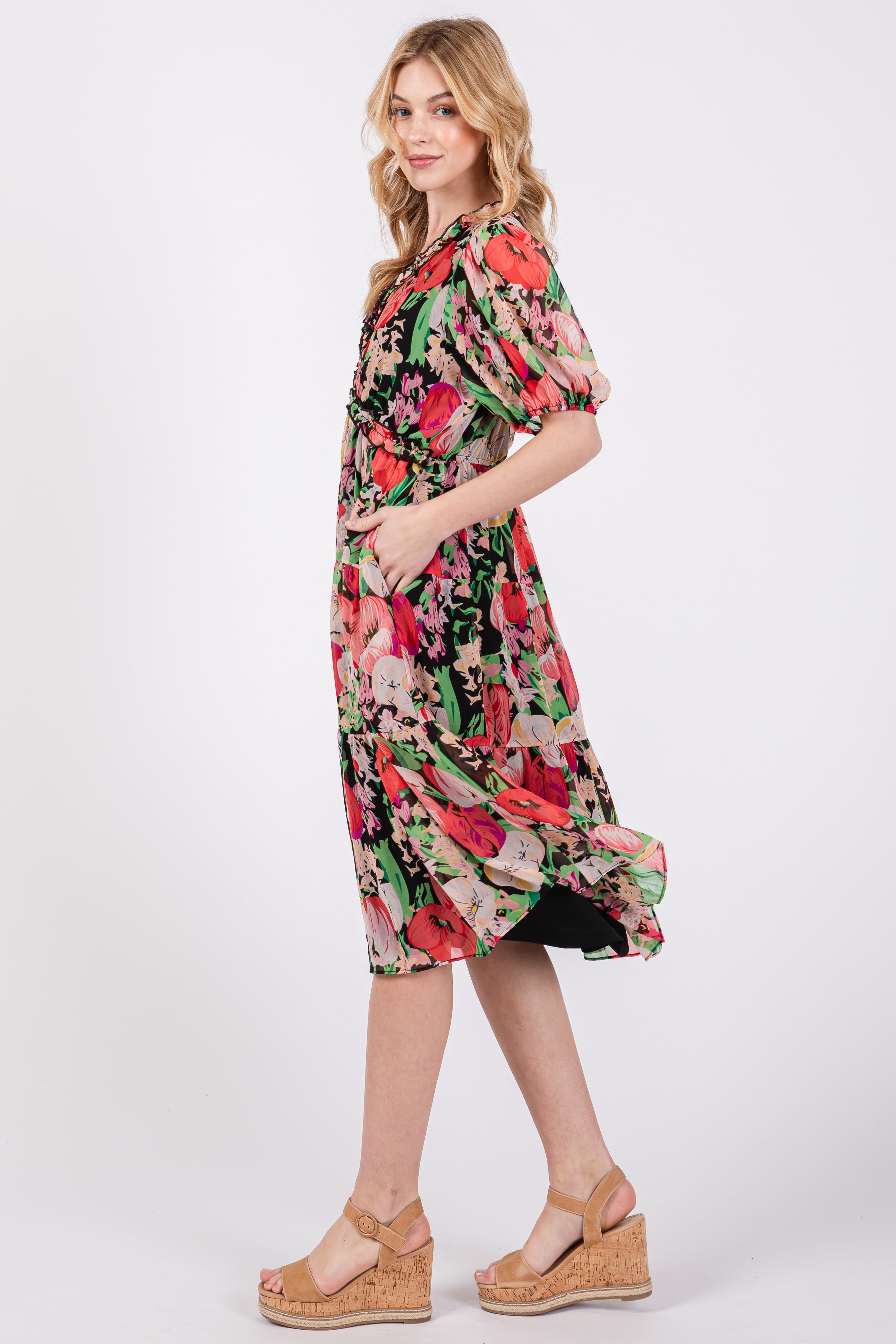 Black Floral Ruffle Tiered Maternity Midi Dress sold by Pinkblush product image thumbnail 2