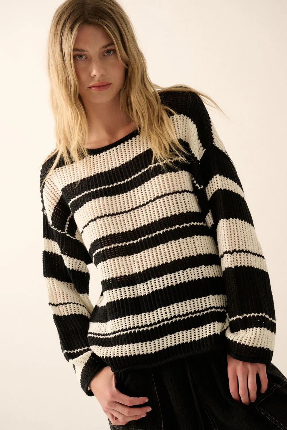 Black Cream Oversized Stripe Colorblock Crochet Knit Sweater sold by Pinkblush