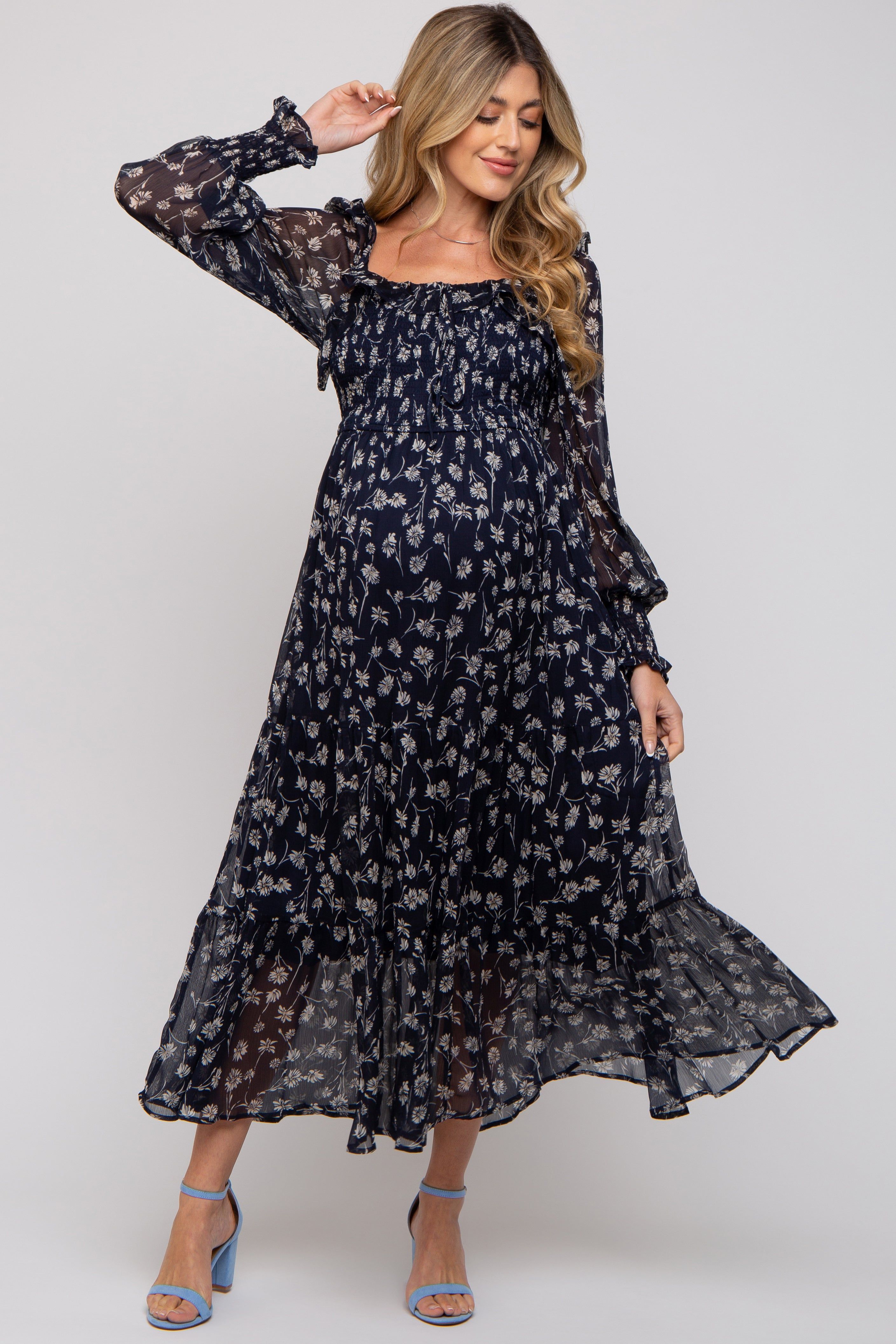 Navy Blue Floral Ruffle Square Neck Smocked Maternity Maxi Dress sold by Pinkblush product image thumbnail 4