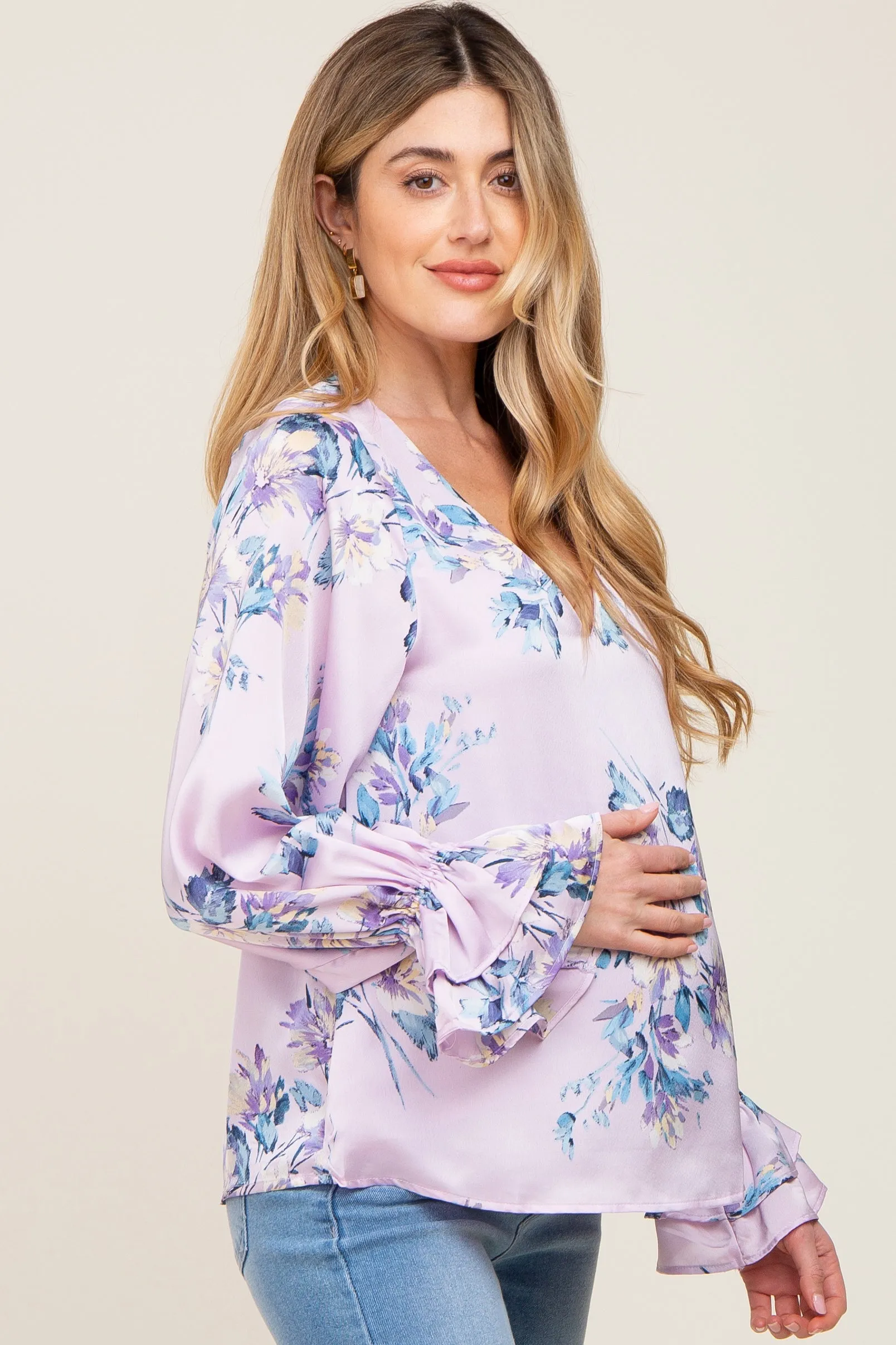 Lavender Floral Satin Ruffle Sleeve Maternity Blouse sold by Pinkblush product image thumbnail 2