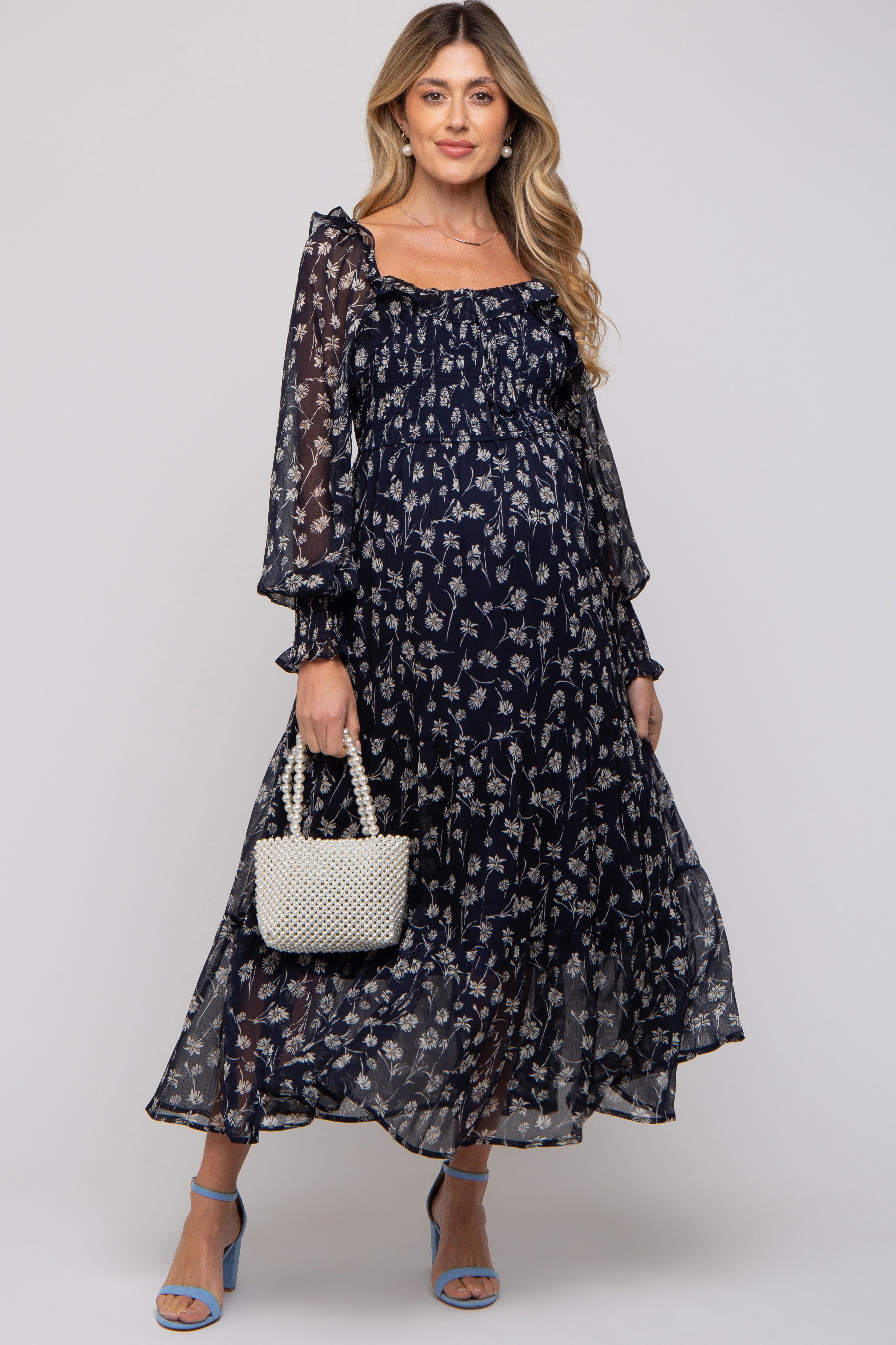 Navy Blue Floral Ruffle Square Neck Smocked Maternity Maxi Dress sold by Pinkblush
