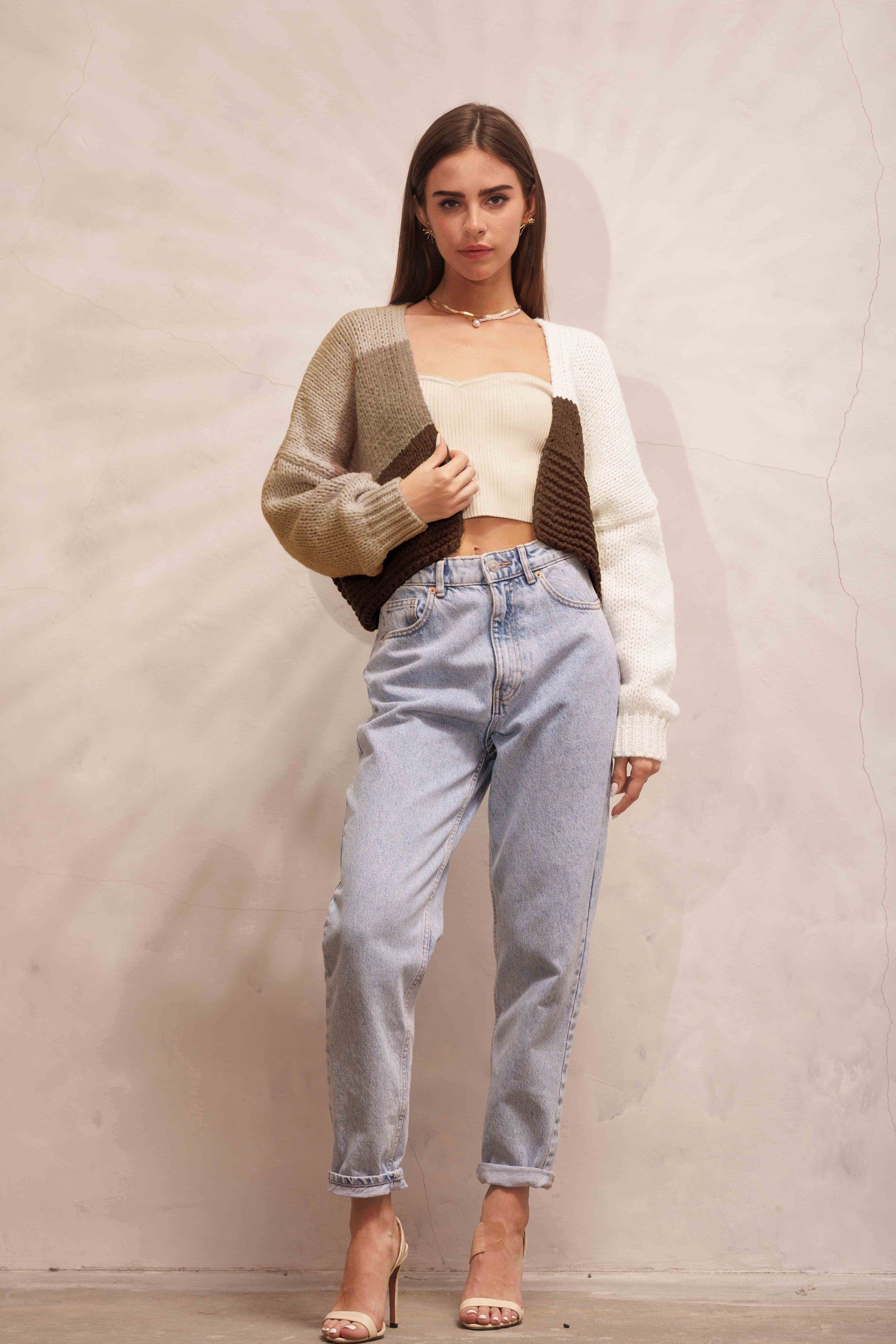 Cream Brown Color Blocked Cropped Sweater Cardigan sold by Pinkblush product image thumbnail 3