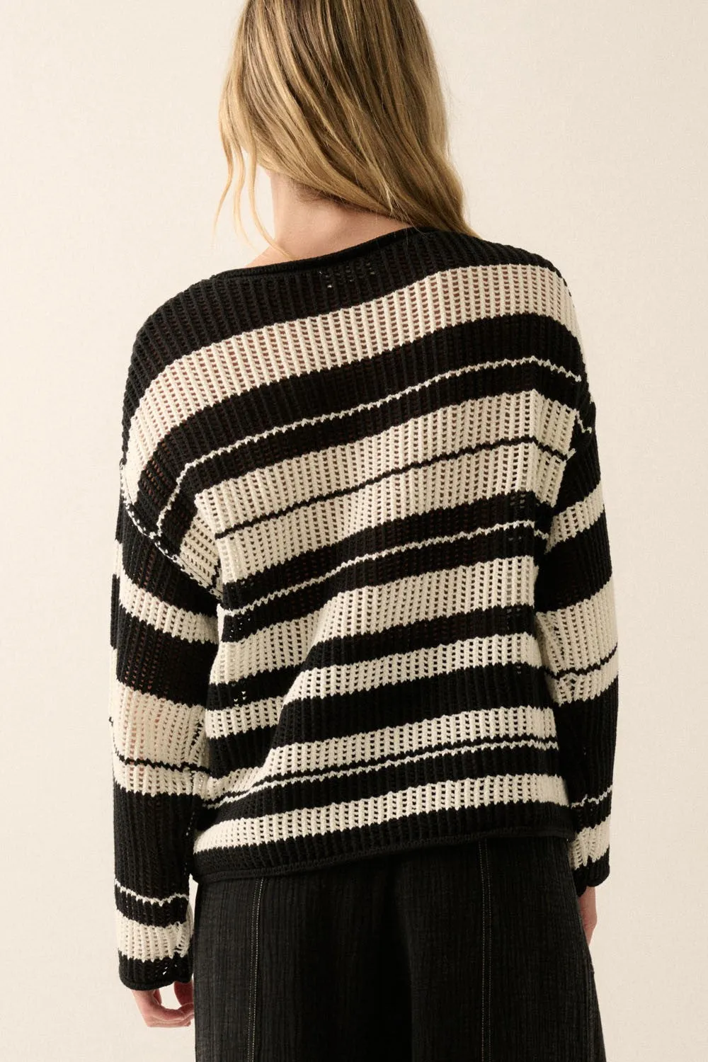 Black Cream Oversized Stripe Colorblock Crochet Knit Sweater sold by Pinkblush product image thumbnail 5