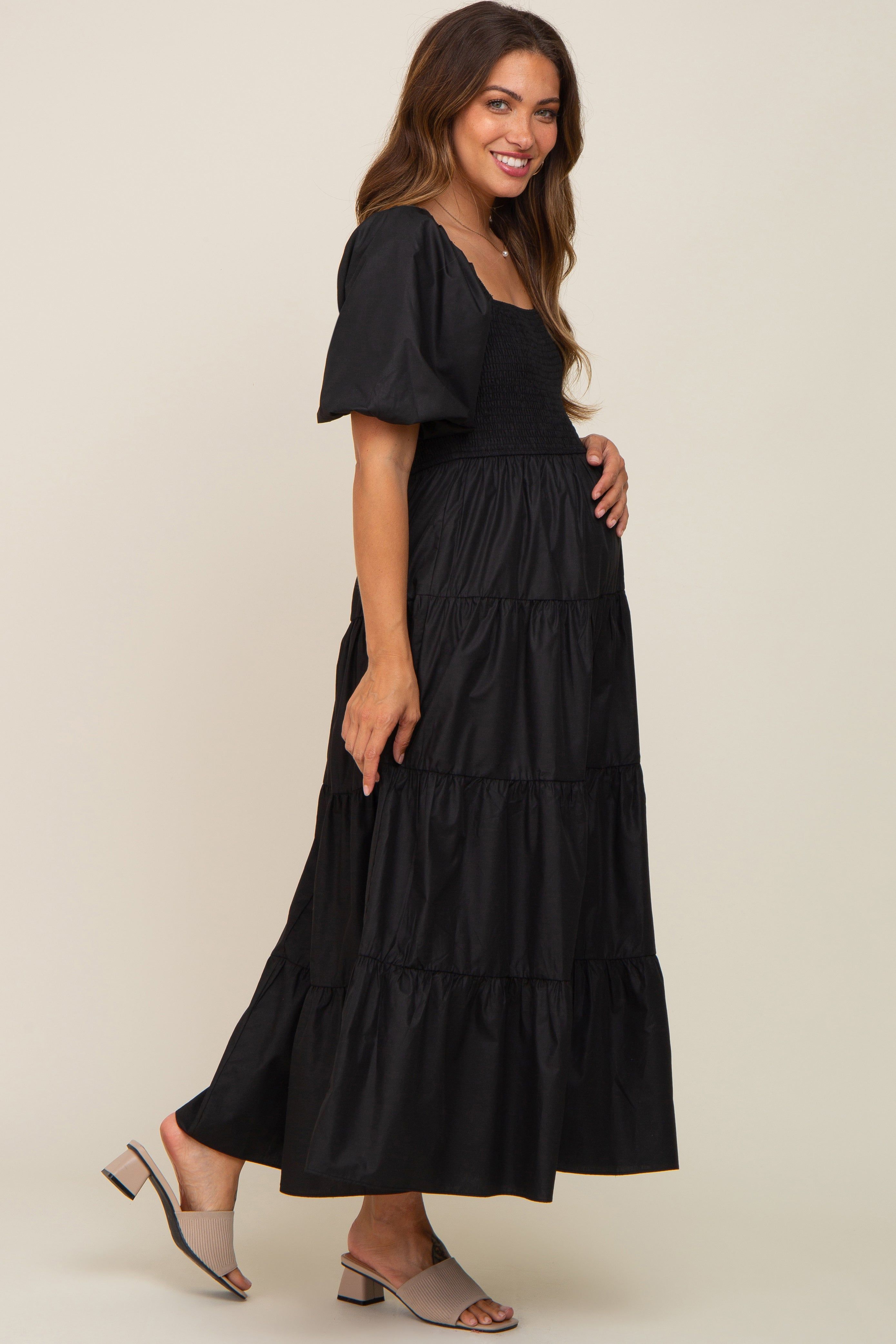 Black Square Neck Smocked Puff Short Sleeve Tiered Maternity Midi Dress sold by Pinkblush product image thumbnail 3