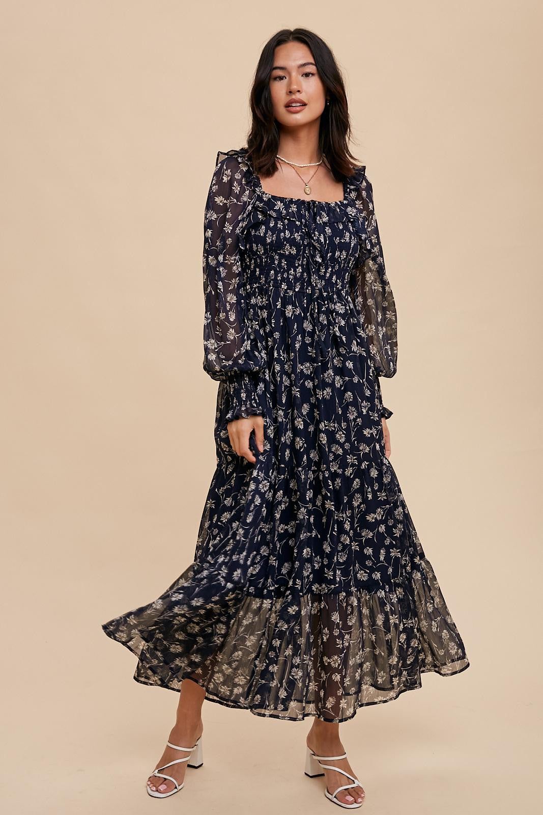 Navy Blue Floral Ruffle Square Neck Smocked Maternity Maxi Dress sold by Pinkblush product image thumbnail 5