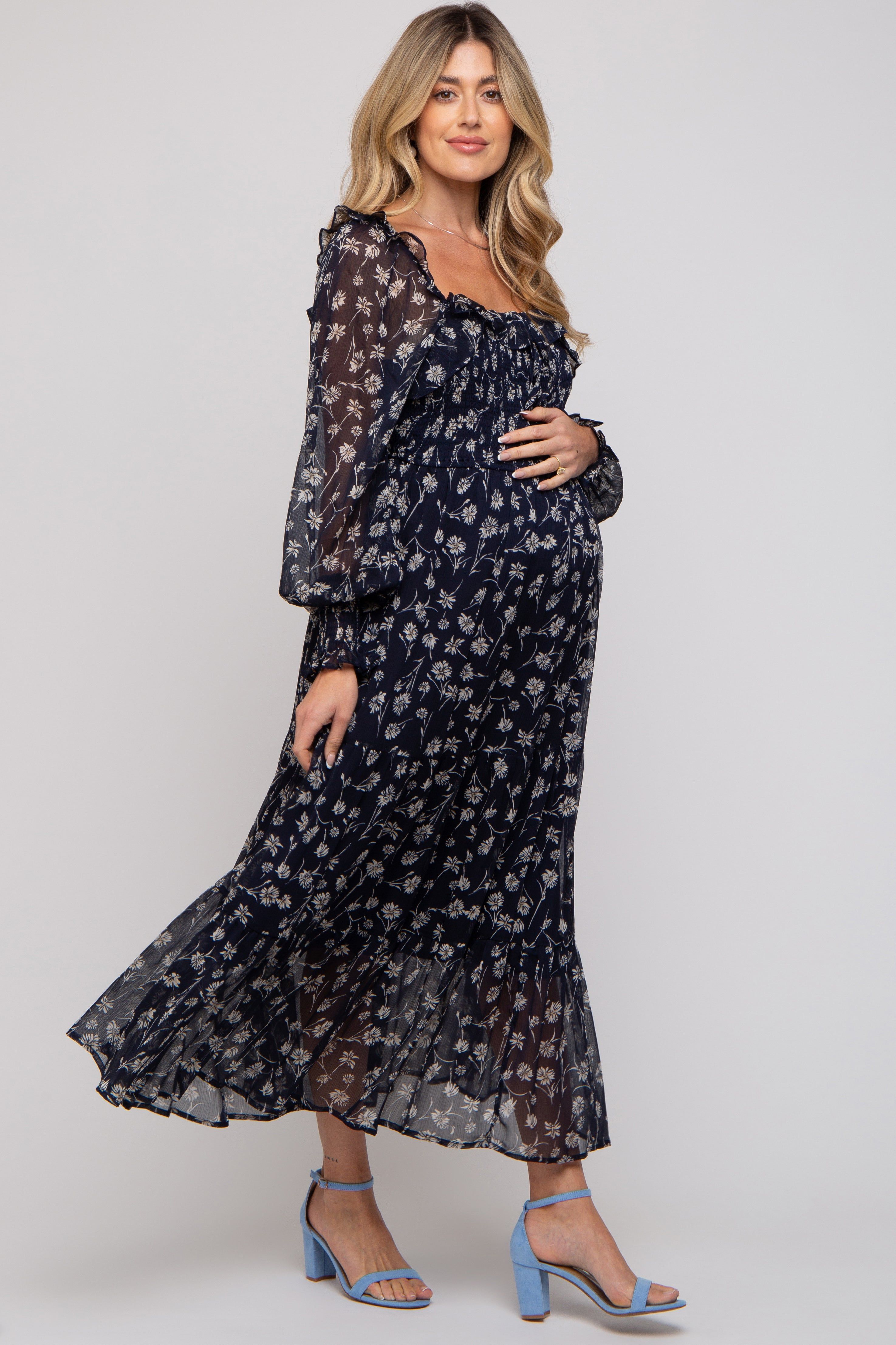 Navy Blue Floral Ruffle Square Neck Smocked Maternity Maxi Dress sold by Pinkblush product image thumbnail 2