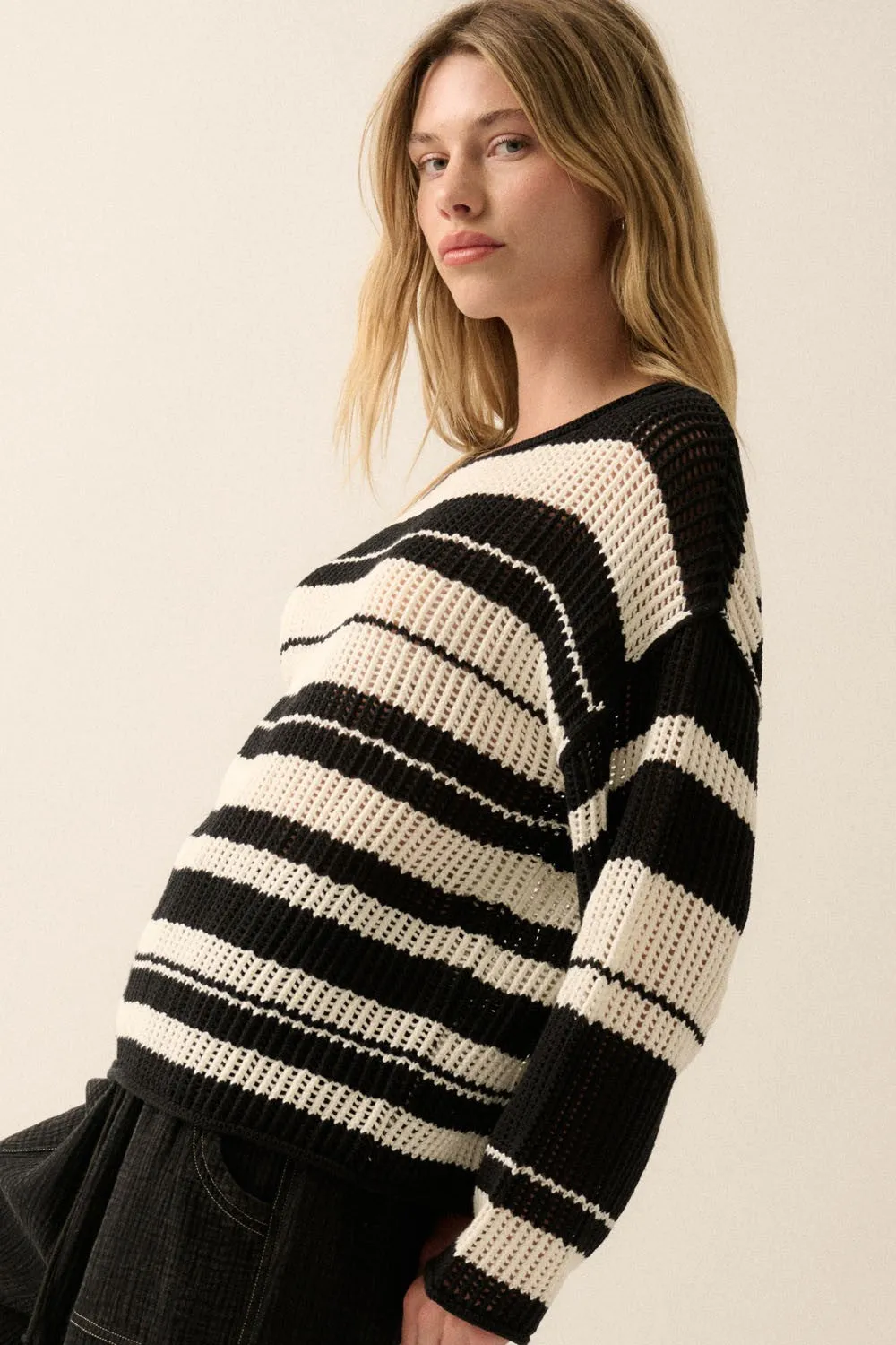 Black Cream Oversized Stripe Colorblock Crochet Knit Sweater sold by Pinkblush product image thumbnail 3