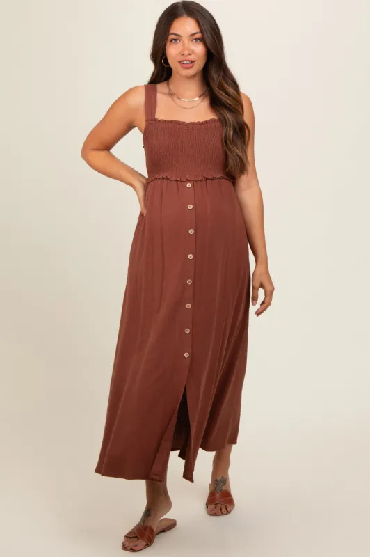 Brown Button Down Smocked Maternity Dress sold by Pinkblush