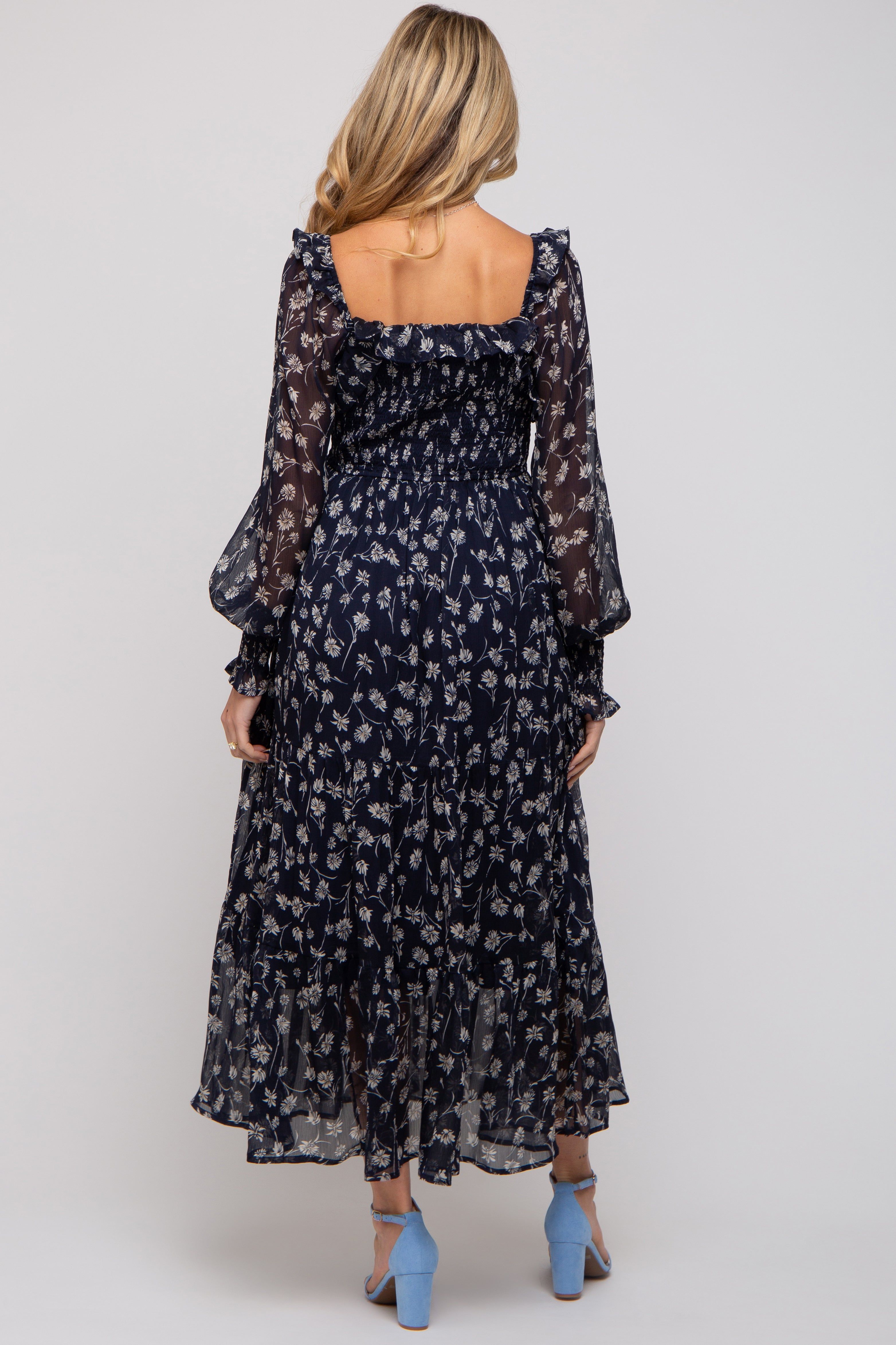 Navy Blue Floral Ruffle Square Neck Smocked Maternity Maxi Dress sold by Pinkblush product image thumbnail 3