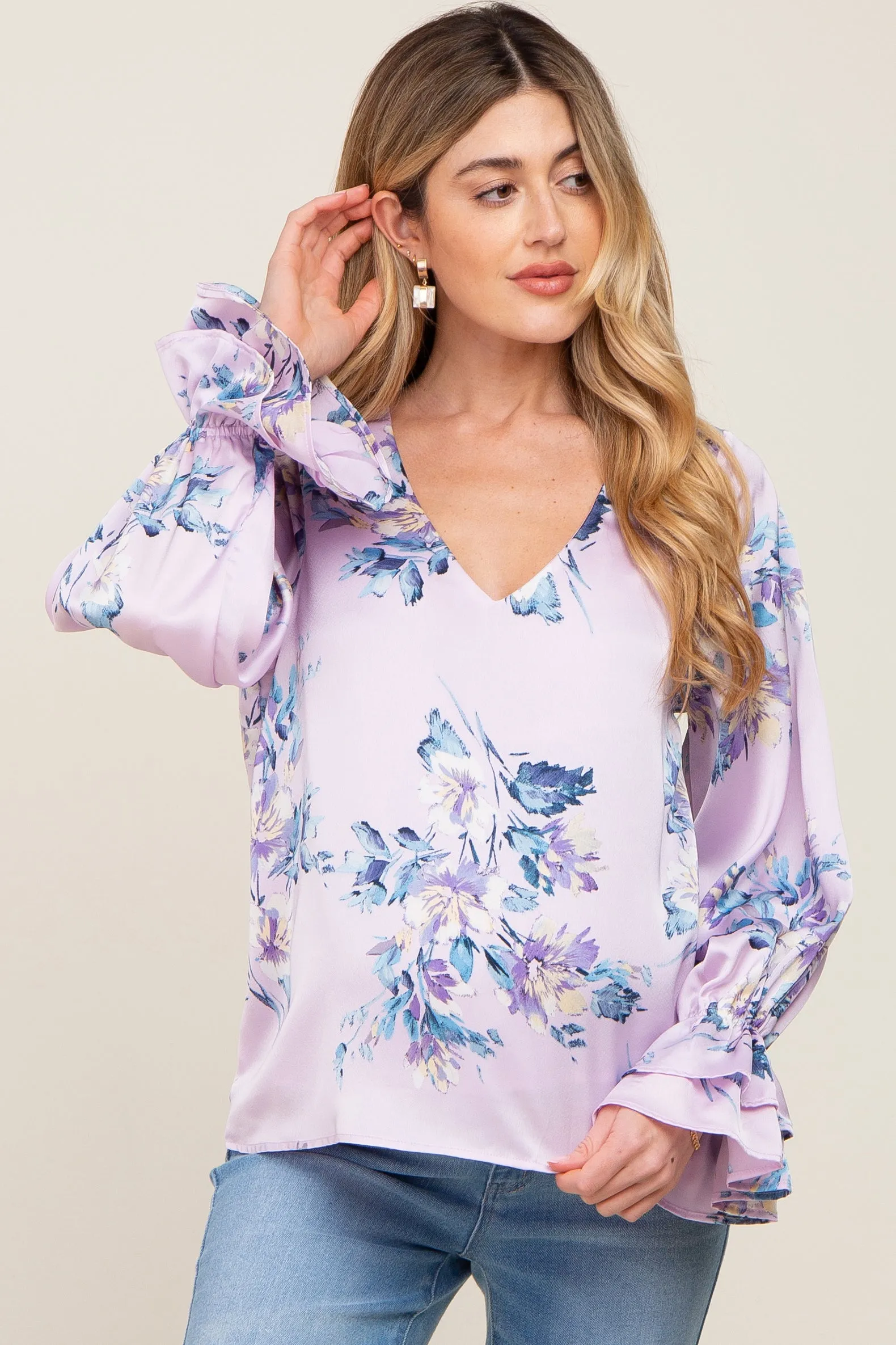 Lavender Floral Satin Ruffle Sleeve Maternity Blouse sold by Pinkblush