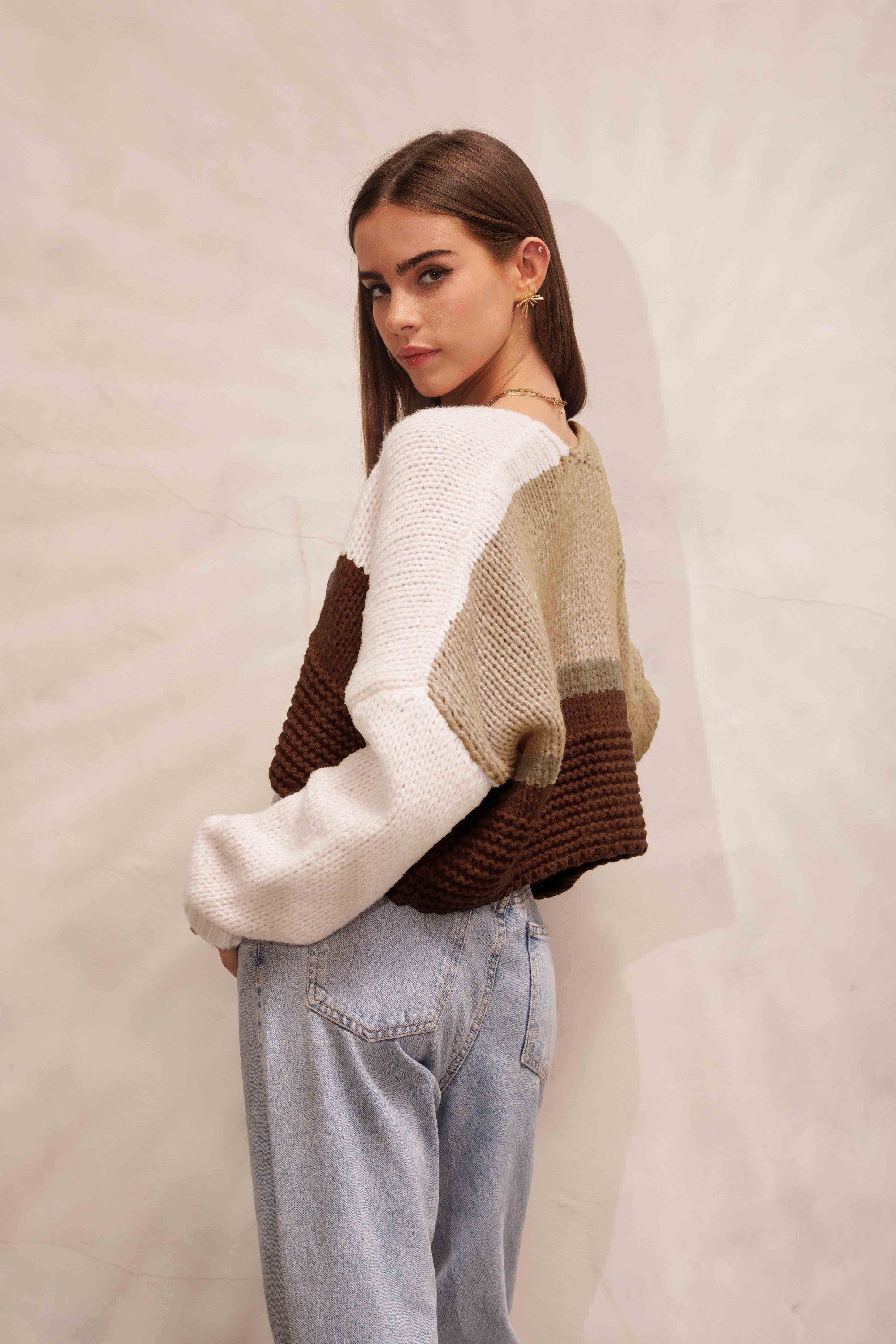 Cream Brown Color Blocked Cropped Sweater Cardigan sold by Pinkblush product image thumbnail 2