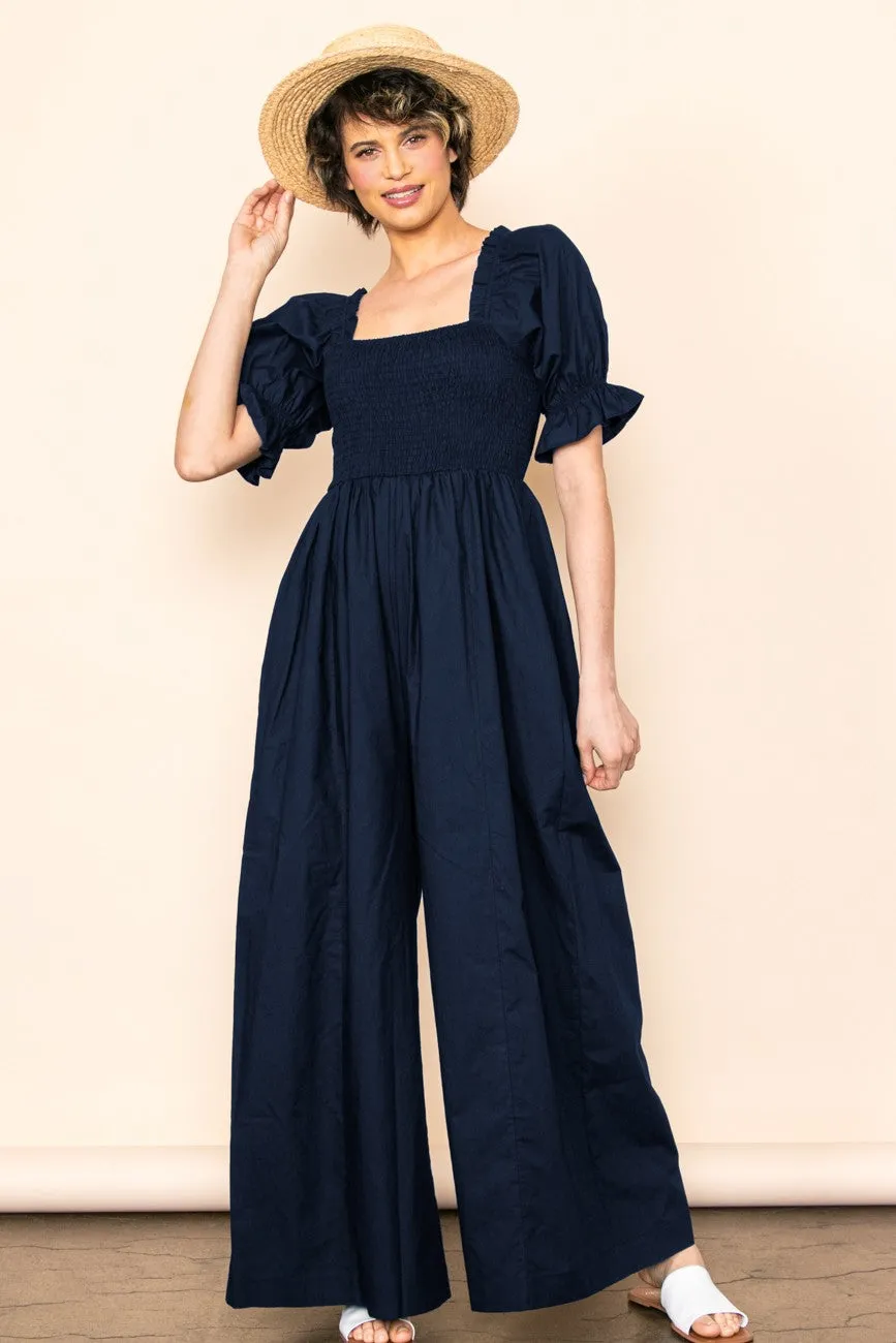 Navy Smocked Square Neck Wide Leg Jumpsuit sold by Pinkblush